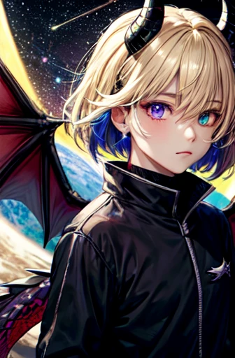 ((best quality)), ((masterpiece)), (detailed), perfect face ((best quality)), ((masterpiece)), (detailed), handsome face, 1 man, outer space background, light particle, solo, blonde hair with purple tips, two block hair cut, heterochromia eyes, right eye purple, left eye blue, standing, majestic black dragon wings, majestic black dragon horns, majestic black dragon tail