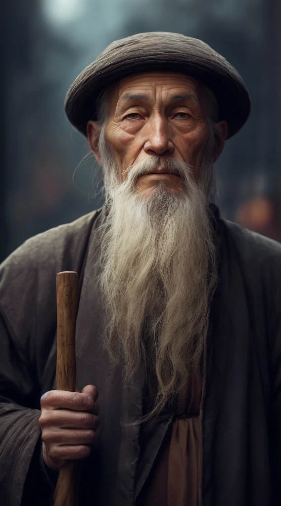 good looking man with a long beard and a hat holding a wand, an old man, sharp looking portrait, peaceful expression, wise old man, stunning portrait, beautiful portrait, serene expression, portrait of monk, perfectly centered portrait