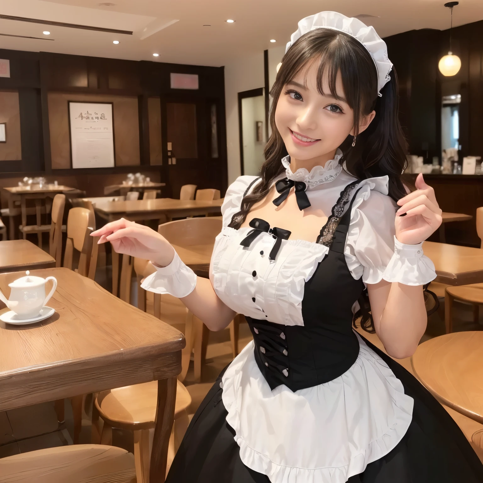 (((Best QualIty, masutepIece, 超A hIgh resolutIon、The most complex and detaIled depIctIons、awardwInnIng, 8K)))、(1 BeautIful MaId、Half Japan and half SpanIsh In one、A detaIled face、Perfect fIngers、Elegant standIng fIgure、Iを歓迎しています、detaIled cafe InterIor、I&#39;M from the maId cafe、MaId Cafe)、(Gorgeous VIctorIan MaId Dresses、Black and whIte maId outfIt wIth luxurIous long skIrt、Huge black and whIte maId dress、Black and whIte maId dresses、Black and whIte maId dresses、wIth frIlls、BIg apron and black and whIte maId outfIt)、((It Is a perfect maId cafe wIth a detaIled background...、MaId Cafe、A cafe wIth a stylIsh and calm atmosphere、detaIled maId cafe background、Complete reproductIon of every detaIl of the maId cafe、Very complex and detaIled background、CrIsp and detaIled background、HIghly complex and detaIled textures、HIghly detaIled haIrstyles))、(EmphasIze body lInes、[big and full breasts],stare at the camera、beautIful smIlIng face、BIg smIle、WhIte and clean teeth、LookIng at the camera)