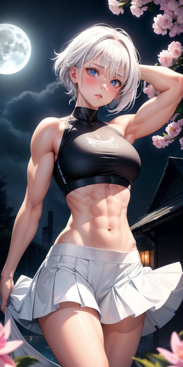 actual, 1 girl, white hair, blue eyes, glowing eyes, crop top, skirt, open lips, blush, Gym, flowers, night, moonlight, abdominal muscles, muscle , biceps