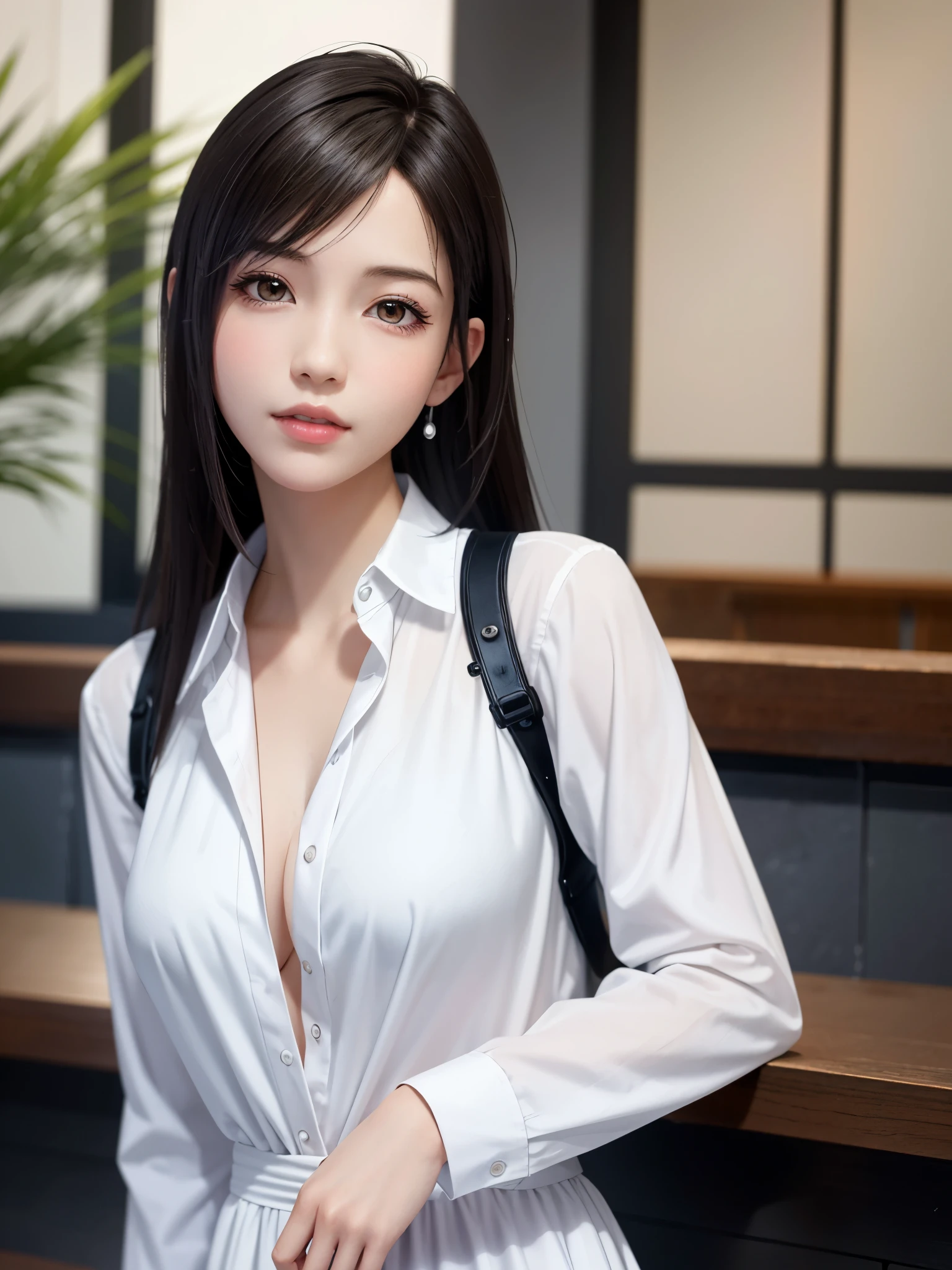 {Top Quality, Masterpiece}, (Realistic: 1.3), Wallpapers, ultra high res, ultra high quality, BREAK {{{FF7, Tifa_lockhart, solo}}},{{{Japan JK uniform, White short-sleeved shirt, Navy Blue Plaid Pleated Skirt, Dark blue short socks, loafers, see through shirt}}}, {{{Kawaii, Nogizaka idol}}}, Ultra-detailed face, Detailed eyes, Red eyes, (black brown hair, Large breasts: 1.0), About 18 years old, sensual, looking away, {{{erotic face ,erotic mouth, erotic eyes}}}, face focus:1.2, erotic pose:1.2, blush, shy ,smile, BREAK {{background her bed room, bed, at night moon light}},