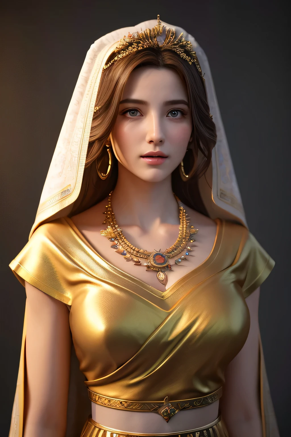 Aphrodite is the ancienr Greek goddess of love, beautiful face, wonderful figure, ancient priest outfit, expensive jewelry, detailed rendering, hyperrealistic, photorealistic, cinematic lighting