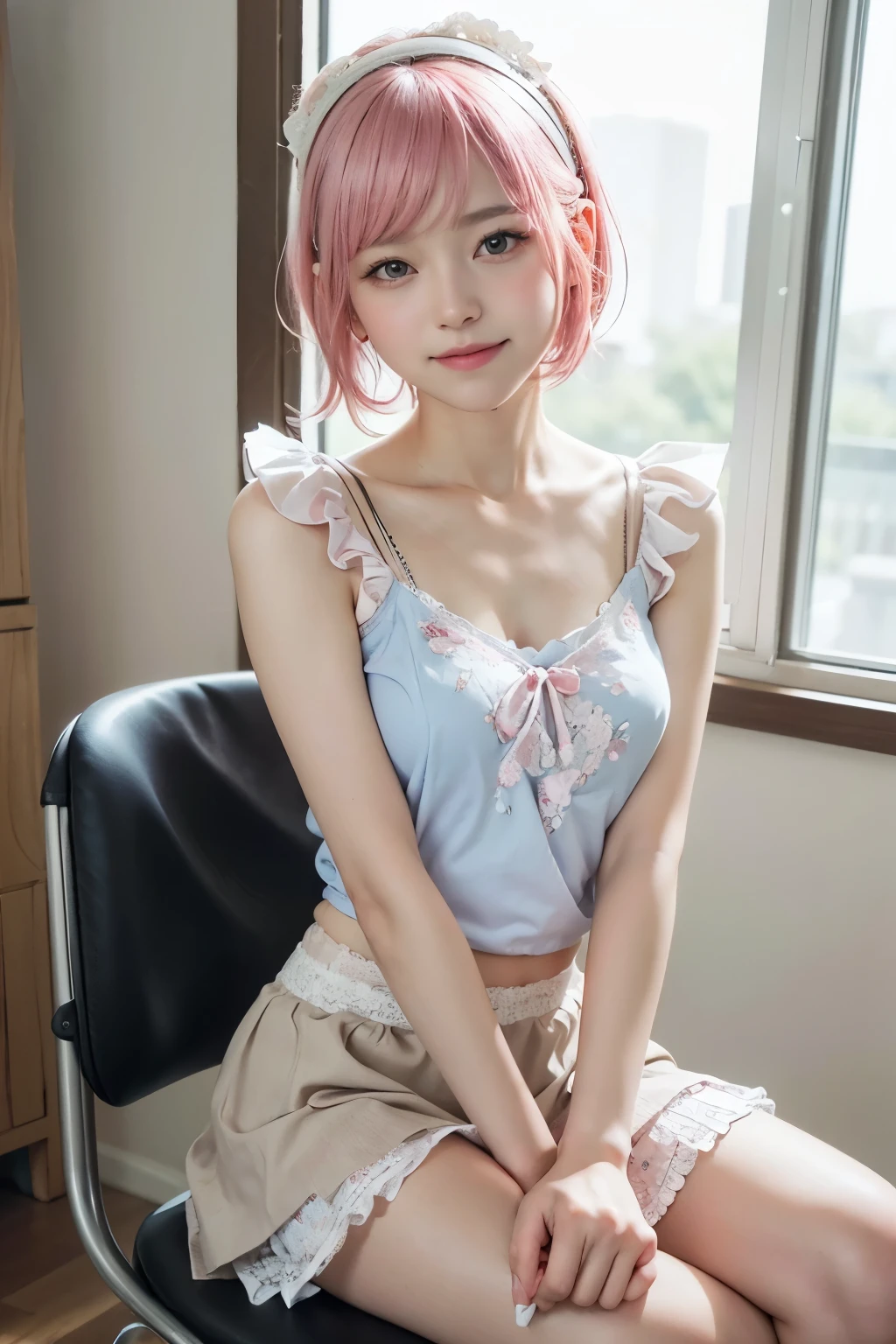 a girl, white skin, young, long pink hair, thin arms, small mouth, small nose, small breasts, round face, pink skirt, transparent lace crop top, heart-shaped necklace, navy blue eyes, blush, embarrassed smile , navel, realistic view, very shy, shifty eyes, no hair under the arms, attractive, sitting in a room on the bed, good lighting, European origin