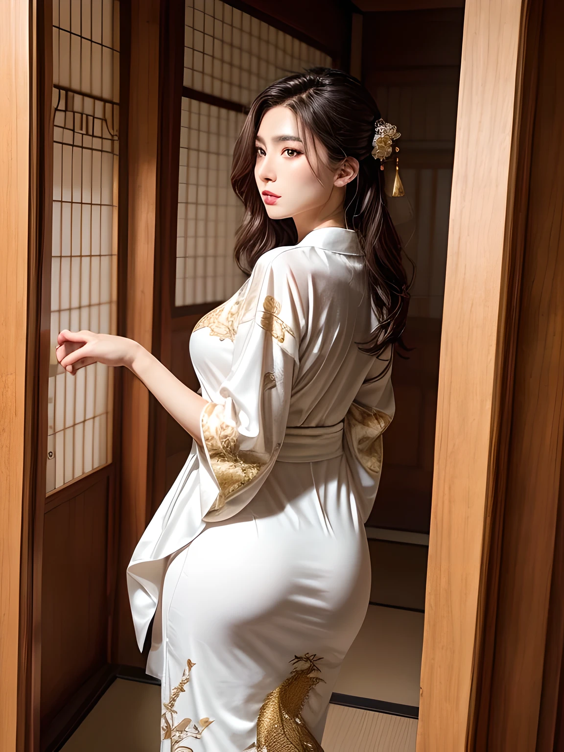 (Beautiful model in Japanese kimono commercial, beautiful straight long black hair), solo, ((face is 80% beauty and elegance, 20% pretty and cute:1.5)), clear eyes, (detailed eyes, light green eyes, bright pupils), Double Eyelids, (sexy lips with a little thickness:1.2), ((super detailed and incredibly high resolution Deep-white Kimono:1.2)), Highly Detailed Face Texture, striking body shape, curvy and very attractive woman, high-resolution RAW color photo pro photo, BREAK ultra high-resolution textures, High-res body rendering, big eyes, unparalleled masterpiece, incredible high resolution, super detailed, stunning ceramic skin, BREAK ((Facing back to show the pattern of the Kimono:1.5)), ((Wearing a white kimono with plenty of glittering gold embroidery of a rising-chinnese-dragon:1.5)), ((The white kimono has a very dazzling embroidery of a rising-chinnese-dragon:1.2)), (Finely crafted and sensual Japanese kimono), ((The embroidery pattern is a Chinese-dragon rising to the sky):1.2), ((elaborately and elegantly decorated White Kimono)), (Taken in front of a round fusuma window in a Japanese-style room)), BREAK ((Best Quality, 8k)), Crisp Focus:1.2, (Layer Cut, Big:1.2), (Beautiful Woman with Perfect Figure:1.4), (Beautiful and elegant rear view:1.3), Slender waist, (Correct hand shape:1.5), (Full body shot | cowboy shot)