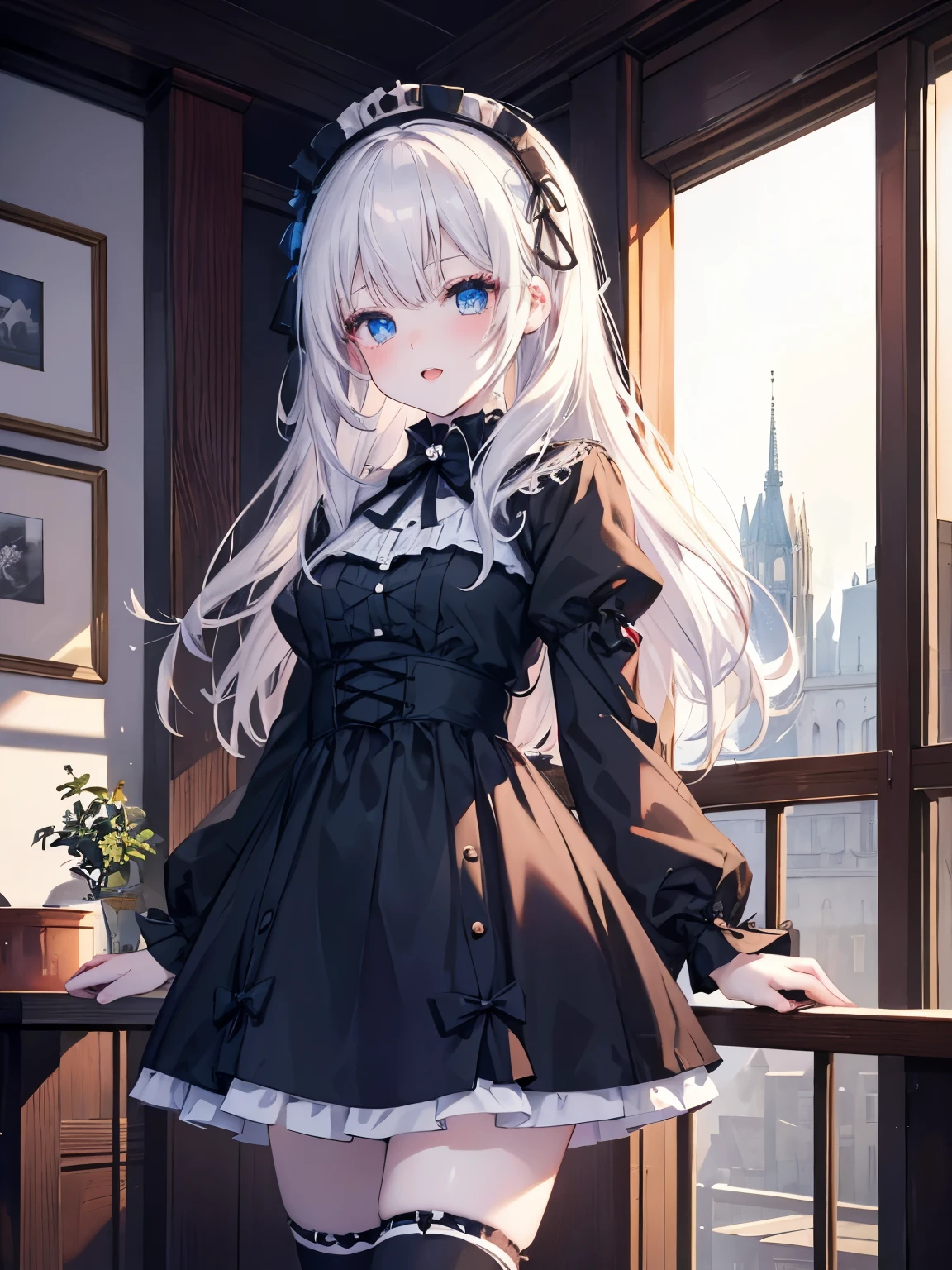 masutepiece, Highest Quality, (Perfect face:1.1), (high detailing:1.1), (ultradetailed eyes), Dramatic, superfine illustration, Extremely detailed, 1girl in, teenager,(pale skin), long white hair, Ethereal eyes, Blue eyes,blush,Solo,Smile, Happy, Laugh, Enjoy, Open mouth, Pouty lips,Cinematic lighting, Looking at Viewer,Cowboy Shot,Long sleeve, Gothic lolita, frilld, bow ribbon,knee high socks,indoor