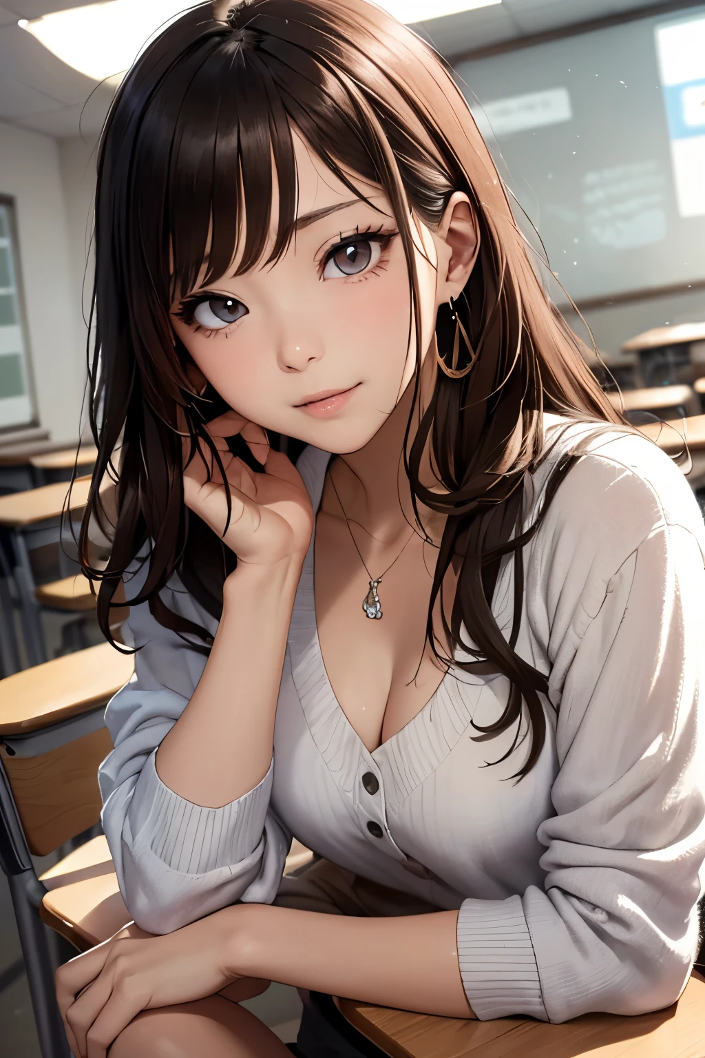 (Masterpiece: 1.3), (Maximum resolution: 1.2), (Ultra HDTV: 1.2), Cinema light, Ultra HDTV, (Detailed eyes and skin), (Detailed facial features), HDR, 8k resolution, Sharp Focus: 1.2, Perfect style, beautiful face, accurate, anatomically correct, highly detailed face and skin texture, detailed eyes, brown eyes, double eyelids, thin eyebrows, glitter eyeliner: 1.2, natural cheeks, glossy skin, fair skin: 1.2, shiny little necklace and earrings, (glossy lips: 1.4), 
BREAK, 
first-person-view, Wearing a High , (seductive smile:1.2), Innocent and Cute girl, (ponytail in high position, wavy hair, Light brown hair, bangs flowing diagonally), medium long hair, (Full body shot: 1.2), focus on face, ((Very intimate relationships: 1.2)), (medium large breasts), (((In the classroom at night:1.2)), ((Sitting leaning against on the school chair with one's legs opened:1.4)), (looking down at viewer:1.2)), (from below:1.3), ((Background of many other students)),