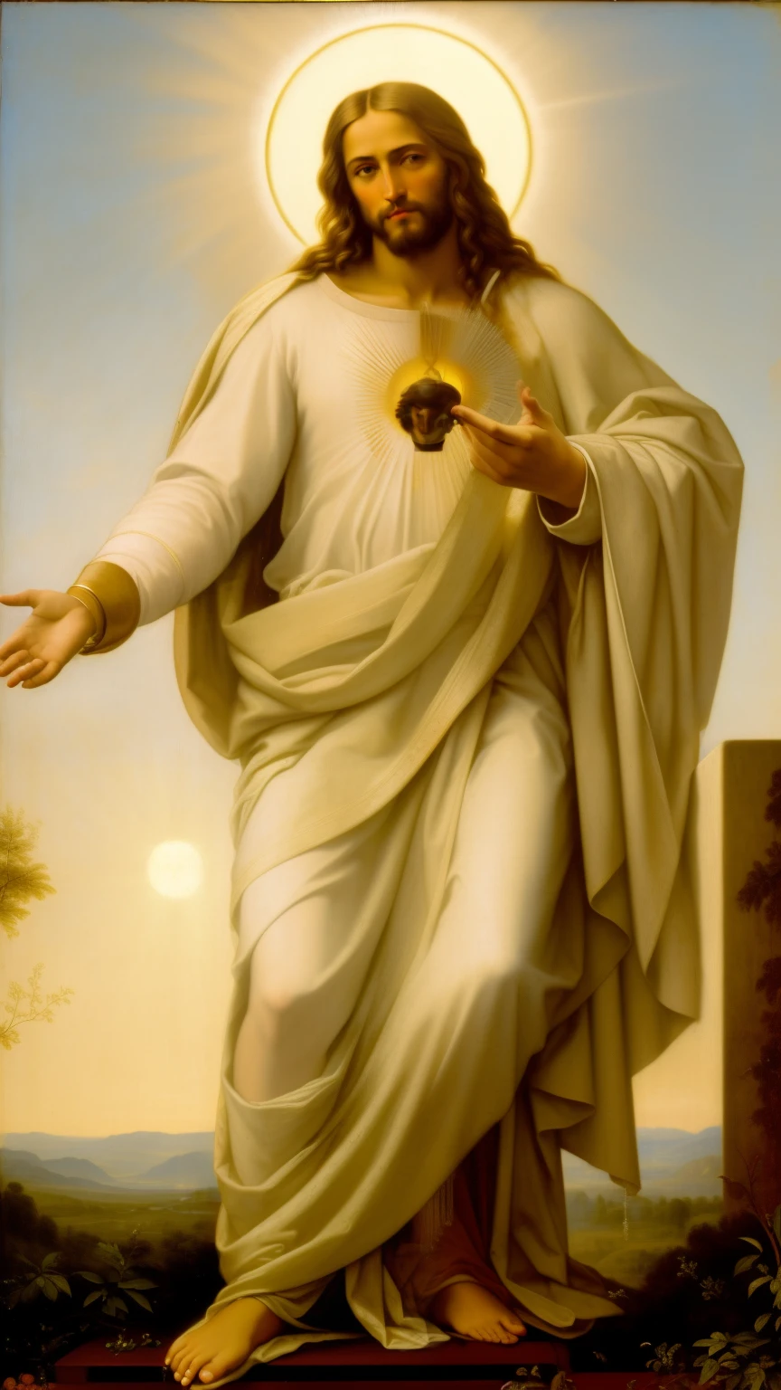 a painting of jesus with a halo on his head and hands, religious painting, by Johann Friedrich Overbeck, jesus christ, catholic religious art, by Duccio, holy imagery, holy iconography, christian saint, jesus, portrait of jesus christ, religious iconography, inspired by Johann Friedrich Overbeck, by Károly Markó the Elder, by Romano Vio