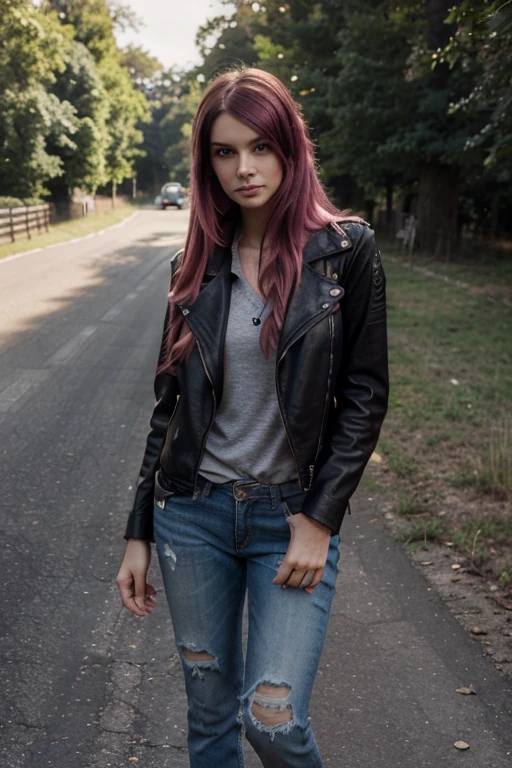 {model 20 year old, detailed long straight dark pink hair, purple eyes, broad shoulders, urban style, rock style, edgy style, street look, modest attitude, ripped dark jeans, motorbike leather jacket, stud jacket, beautiful face, wide eyes, detailed eyes, beautiful eyes, purple beautiful eyes, beautiful smile, model, straight hair, straight dark strawberry pink hair, dark strawberry pink hair, detailed face, beautiful face} [photo-shoot, shooting, photo shooting, supermodel, nature-inspired photos-shoot, nature ambient, nature background, sunset, orange light, outdoor, forest, aesthetic, ethereal] (wide angle, from afar, afar, shot from afar, full frontal, full body, full picture, 24mm angle, detailed shadows, HDR, photo real, well lit)