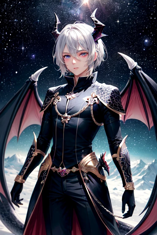 ((best quality)), ((masterpiece)), (detailed), perfect face ((best quality)), ((masterpiece)), (detailed), handsome face, 1 man, outer space background, light particle, solo, blonde hair with purple tips, two block hair cut, heterochromia eyes, right eye purple, left eye blue, standing, majestic black dragon wings, majestic black dragon horns, majestic black dragon tail, cinematic composition
