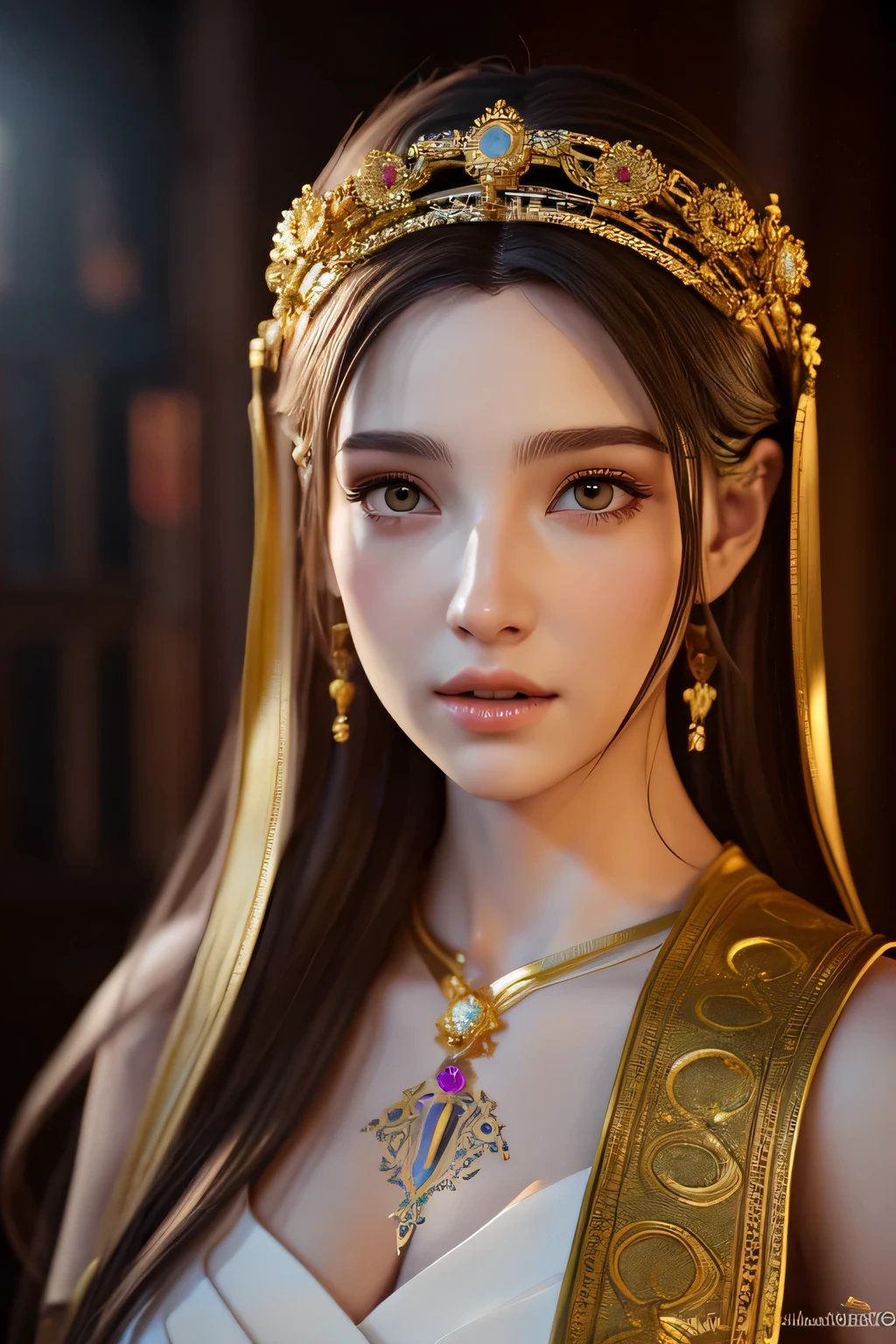 Aphrodite is the ancienr Greek goddess of love, beautiful face, wonderful figure, ancient priest outfit, expensive jewelry, detailed rendering, hyperrealistic, photorealistic, cinematic lighting