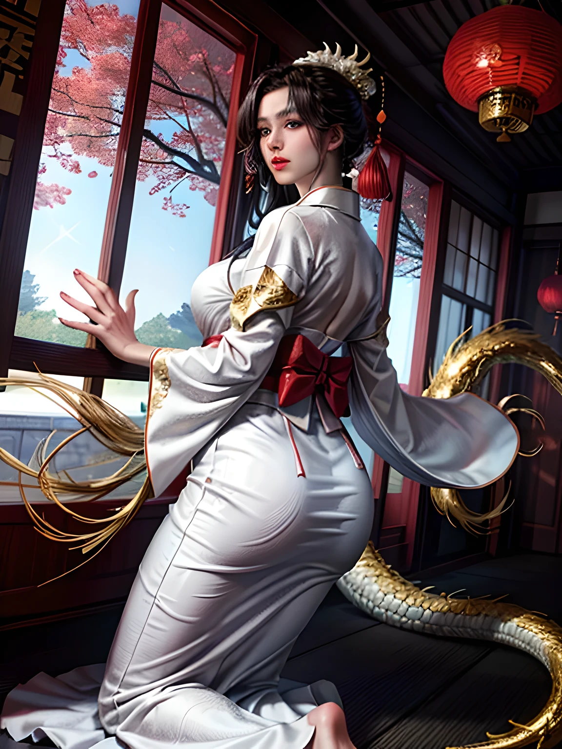 (Beautiful model in Japanese kimono commercial, beautiful straight long black hair), solo, ((face is 80% beauty and elegance, 20% pretty and cute:1.5)), clear eyes, (detailed eyes, light green eyes, bright pupils), Double Eyelids, (sexy lips with a little thickness:1.2), ((super detailed and incredibly high resolution Deep-white Kimono:1.2)), Highly Detailed Face Texture, striking body shape, curvy and very attractive woman, high-resolution RAW color photo pro photo, BREAK ultra high-resolution textures, High-res body rendering, big eyes, unparalleled masterpiece, incredible high resolution, super detailed, stunning ceramic skin, BREAK ((Facing back to show the pattern of the Kimono:1.5)), ((Wearing a white kimono with plenty of glittering gold embroidery of a rising-chinnese-dragon:1.5)), ((The white kimono has a very dazzling embroidery of a rising-chinnese-dragon:1.2)), (Finely crafted and sensual Japanese kimono), ((The embroidery pattern is a Chinese-dragon rising to the sky):1.2), ((elaborately and elegantly decorated White Kimono)), (Taken in front of a round fusuma window in a Japanese-style room)), BREAK ((Best Quality, 8k)), Crisp Focus:1.2, (Layer Cut, Big:1.2), (Beautiful Woman with Perfect Figure:1.4), (Beautiful and elegant rear view:1.3), Slender waist, (Correct hand shape:1.5), (Full body shot | cowboy shot)