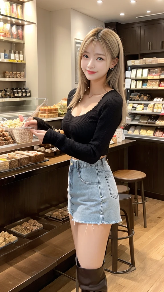 chocolate shop,Confectionery supplies store,Happy Valentine's Day!,A sparkling interior,V-neck sweater,(denim skirt),hair clip,knee high socks,lace up boots,medium shot,1 girl,whole body,Are standing,ultra-realistic capture, very detailed, 人間の皮膚のHigh resolution 16K クローズアップ. Skin texture must be natural, So much detail that you can see even your pores. skin needs to look healthy, with an even tone. Use natural light and color,medium breasts,(highest quality,4K,8K,High resolution,table top:1.2),super detailed,((silver hair)),smile