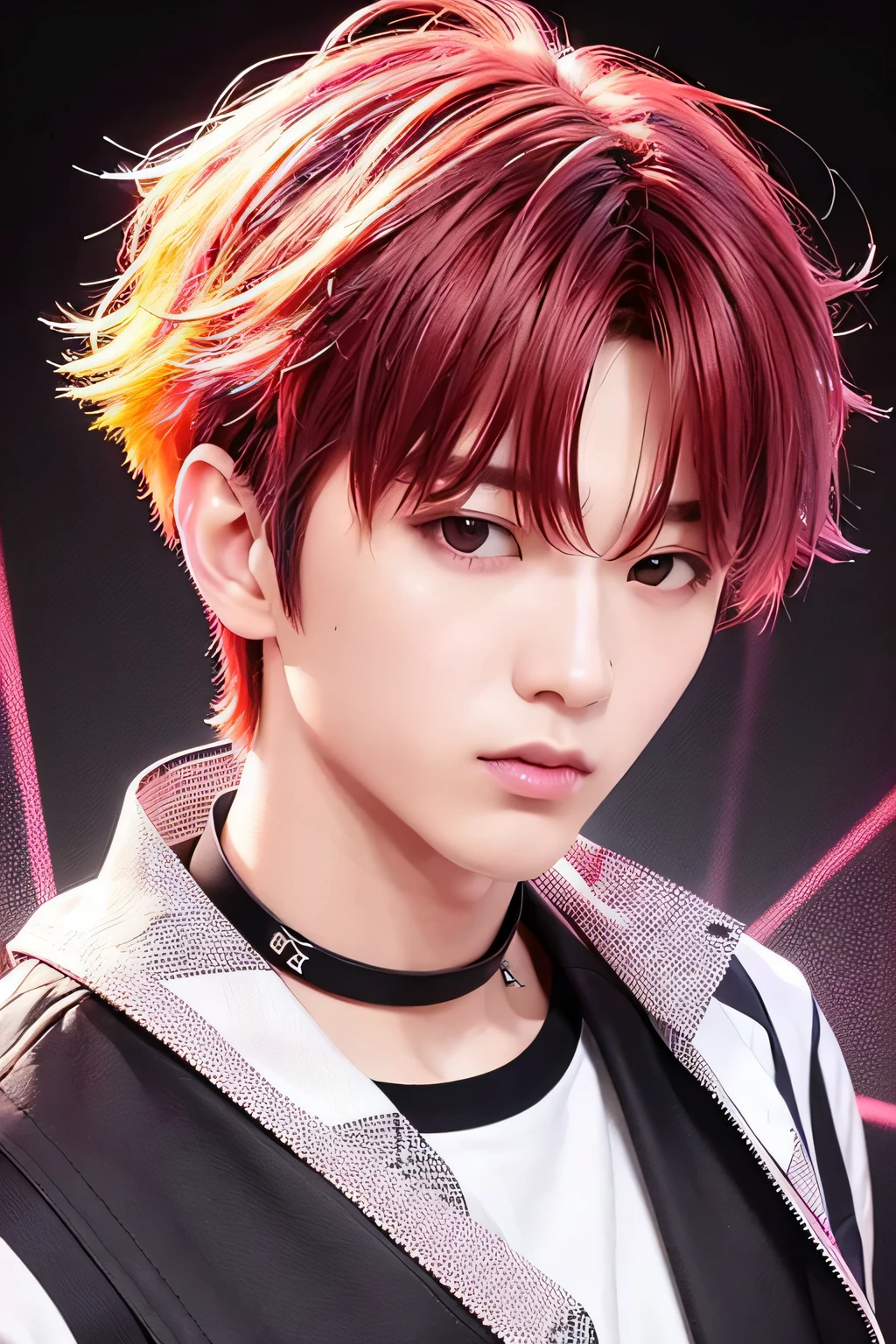 1 person、high quality，masterpiece，8K, head shot,、Hair of various colors:1.5、Clothes covered in paint、damaged shirt、messy hair:1.5、Cyberpunk neon background、Monochrome silhouette only