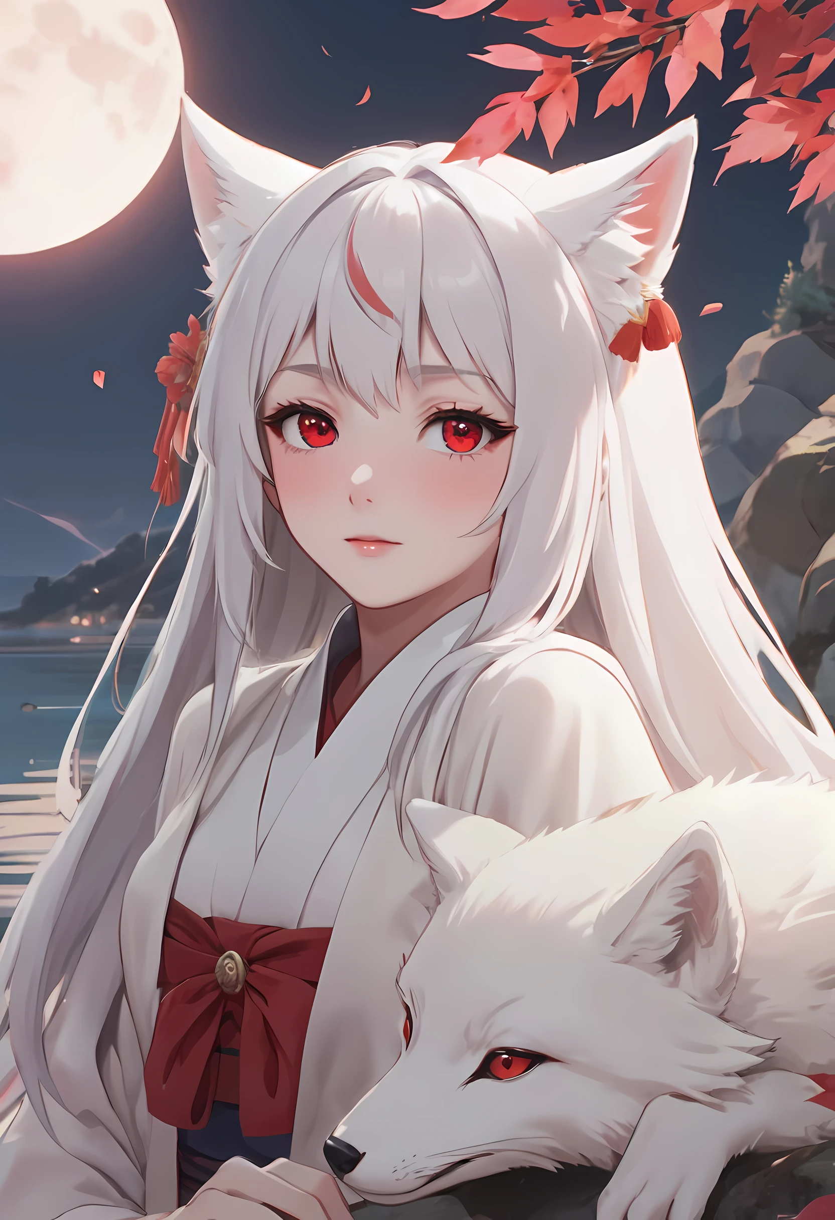 (better quality,masterpiece,high detail),(perfect face:1.5),Anime girl sitting on the rock，A huge crescent moon in the background, 睡着的白毛fox,lake,(Bright Eyes:1.5),(red leaves:1.4),(Details and blessings:1.2),medium shot,anime art wallpaper 8k, anime art wallpaper 4k, anime style 4k, fox, Onmyoji Detailed Art, anime wallpaper 4k,美丽的fox狸, fox狸和灌木, Onmyoji Detailed Art, White-haired God,  白fox动漫,