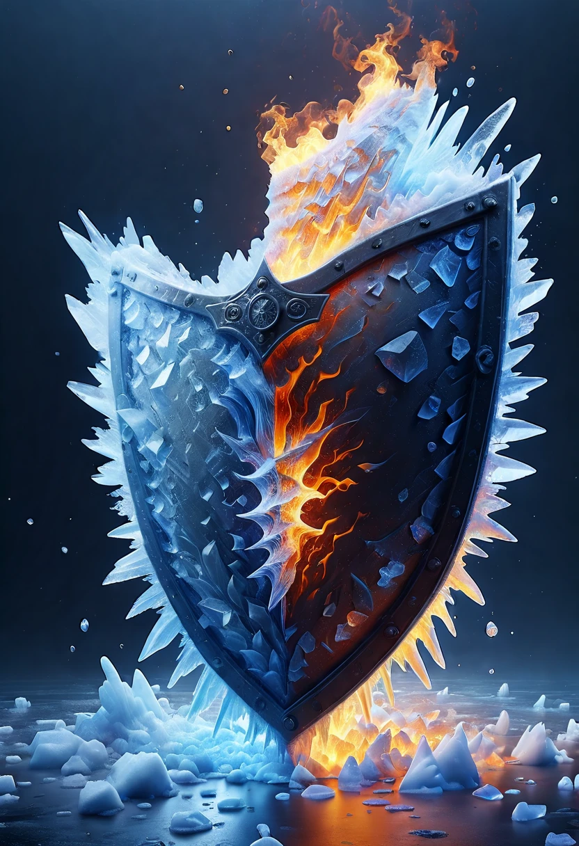 Black Light Art, a shield of ice, composed of elements of ice, low angle view, octane render, enhance, intricate, (best quality, masterpiece, Representative work, official art, Professional, unity 8k wallpaper:1.3), faize