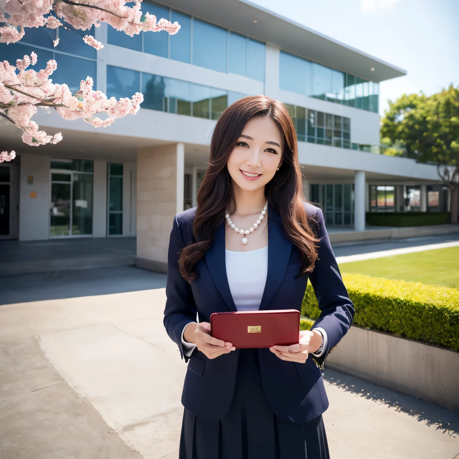 ((table top、highest quality、best image quality、In 8K、Award-winning work))、(1 photo:1.3)、(very bright:1.1)、(very refreshing atmosphere:1.1)、(1 woman、40 years old、mature woman、facial wrinkles)、best smile、(Navy suit:1.1)、Navy Tight Skirt、(Skirt without folds:1.1)、(classy luxury bag:1.2)、(perfect and precise pearl necklace:1.2)、(The background is a rectangular school building with four floors:1.3)、(Modern four-storey rectangular building:1.3)、(Reinforced Concrete Square School:1.2)、(Clean square window glass:1.1)、(new and beautiful school:1.1)、Clear and beautiful sky、Long Wave Hair、hair swaying in the wind、(refreshing sunshine:1.1)、(Many cherry blossoms are in full bloom:1.1)、(perfect makeup)、lipstick、Look at me、best smile、upper body photo、(turned into slime:1.1)、super fine、Detailed and complex background、perfect anatomy、(High saturation 1:1)、swollen chest