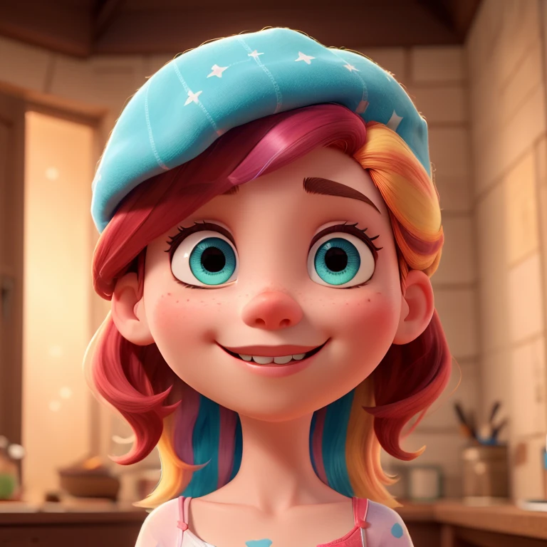 ((melhor qualidade)), ((obra de arte)), (detalhado), rosto perfeito
streaked hair, multicolored hair, hair between eyes, beret, aqua eyes, smile, wide shot, Pixar, cinematic lighting