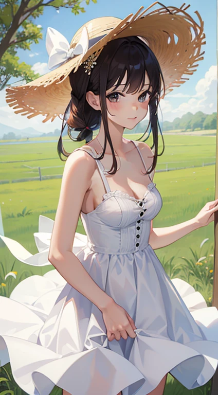 Beautiful girl in a white dress、Super Mini Dress、、Cleavage、Exposing shoulders、Run、Straw hat、Flower Field