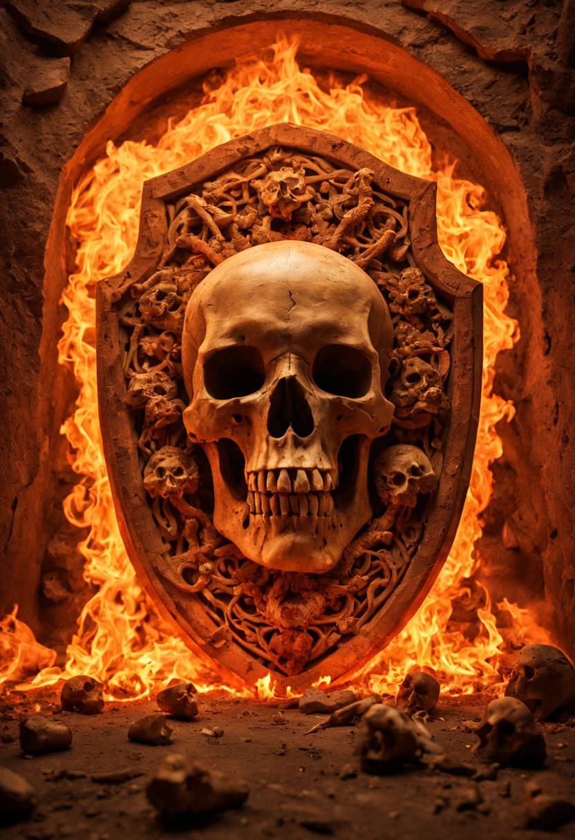 In the eerie ancient tomb，The agency that appeared，（A huge illuminated shield with carved patterns，Exquisite decorative patterns，Gemstones set in it）。The flames are burning，Human skulls skeletons piled on the ground，net，