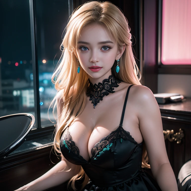 masterpiece,Highest image quality,Super details,best quality ,extremely delicate and beautiful, Very detailed,best quality, official art, Extremely detailed CG unified 8k wallpaper, Ana de Armas portrait photo, Blonde hair with black pupils,shiny skin, (beautiful eyes:1.1), beautiful skin, big watery eyes,(detailed lighting:1.2), (Beautiful and detailed light:1.3), Beautiful black maid outfit,, beautiful breast balls, The most perfect breast ball shape,firm breast balls,Deep cleavage,Naked of breast,complex, digital drawing, Smooth, sharp focus, end of the world, epic reality, (high dynamic range:1.4), (pastel colors:1.4), Revelation,Bright colors, night, screen space refraction, (intricate details, Super detailed:1.3), art station, lens, vignette, complex background, buliding,Beautiful smile,The most beautiful look,Detailed moon background,Dreamcatcher earrings,The best look,Black lace hollow dress,(Hollow dress of various colors lacks color,Black,white,pink,purple,Red,blue,Orange,green,Cyan,),