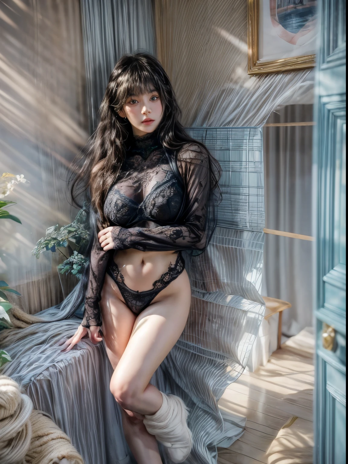 masterpiece、8K、32K、highest quality、(Detailed both eyes)、(cute japanese woman、bangs:1.3)、23 years old、1 girl、elegant、black hair、(movie、Ilford HP5、80mm、Depth of bounds written:1.4)、(huge :1.2)、(high neck black lace underwear:1.3)
