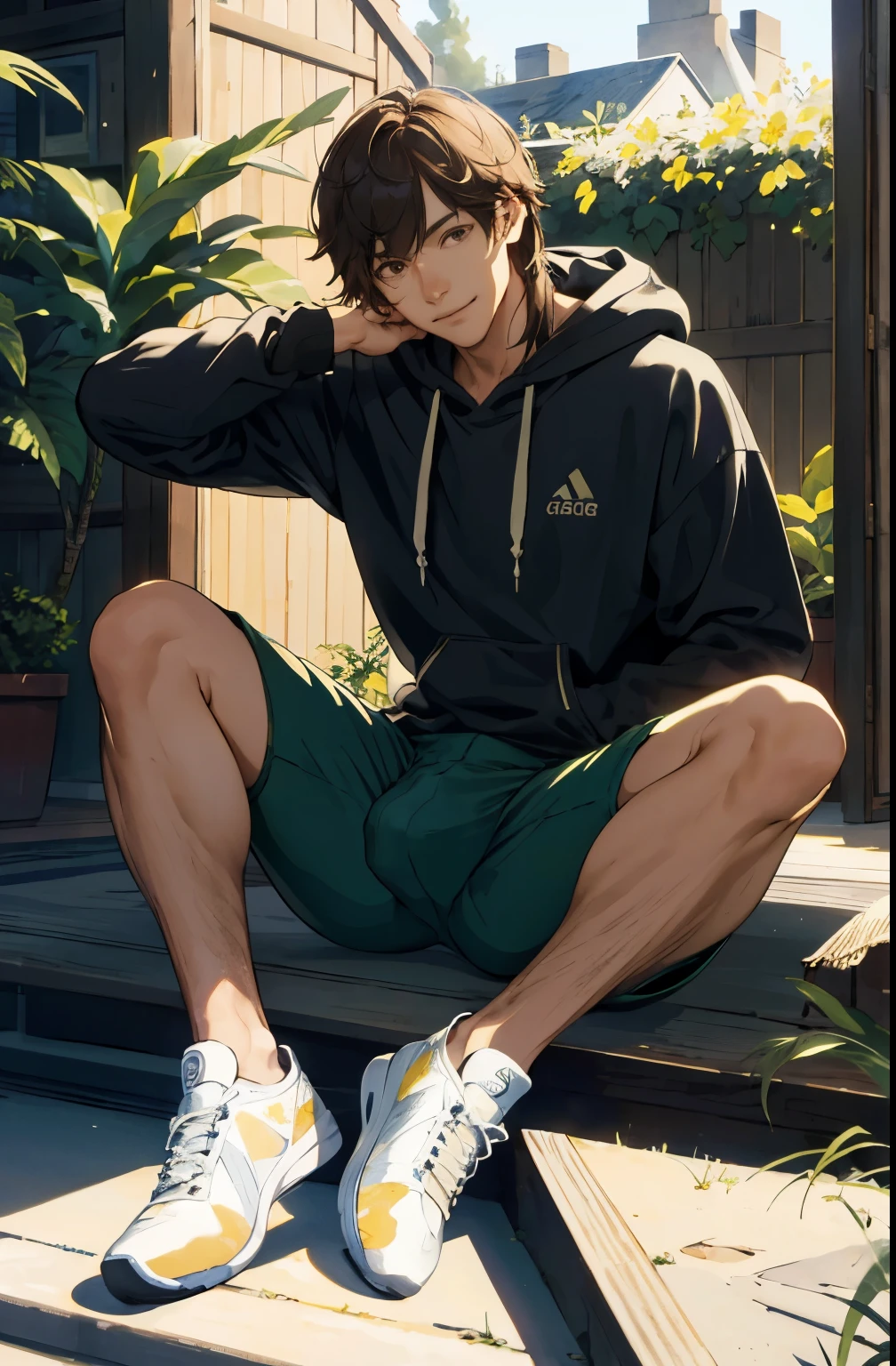 masterpiece, solo, best quality, 1 male, adult, tall muscular, handsome, finely detailed eyes, intricate details, casual clothes, oversized hood, shorts, tennis shoes, messy brown hair, mid length hair, complex pattern, best light and shadow, background is inside of house, sitting, dappled sunlight, day, depth of field, plants, summer, colorful, artistic, depth of field, smile, closed mouth
