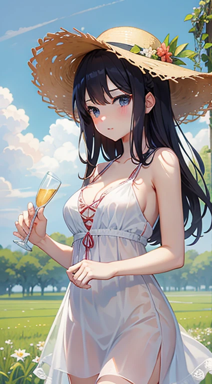 Beautiful girl in a white dress、、cleavage、bare shoulders、straw hat、summer、field road、Run
