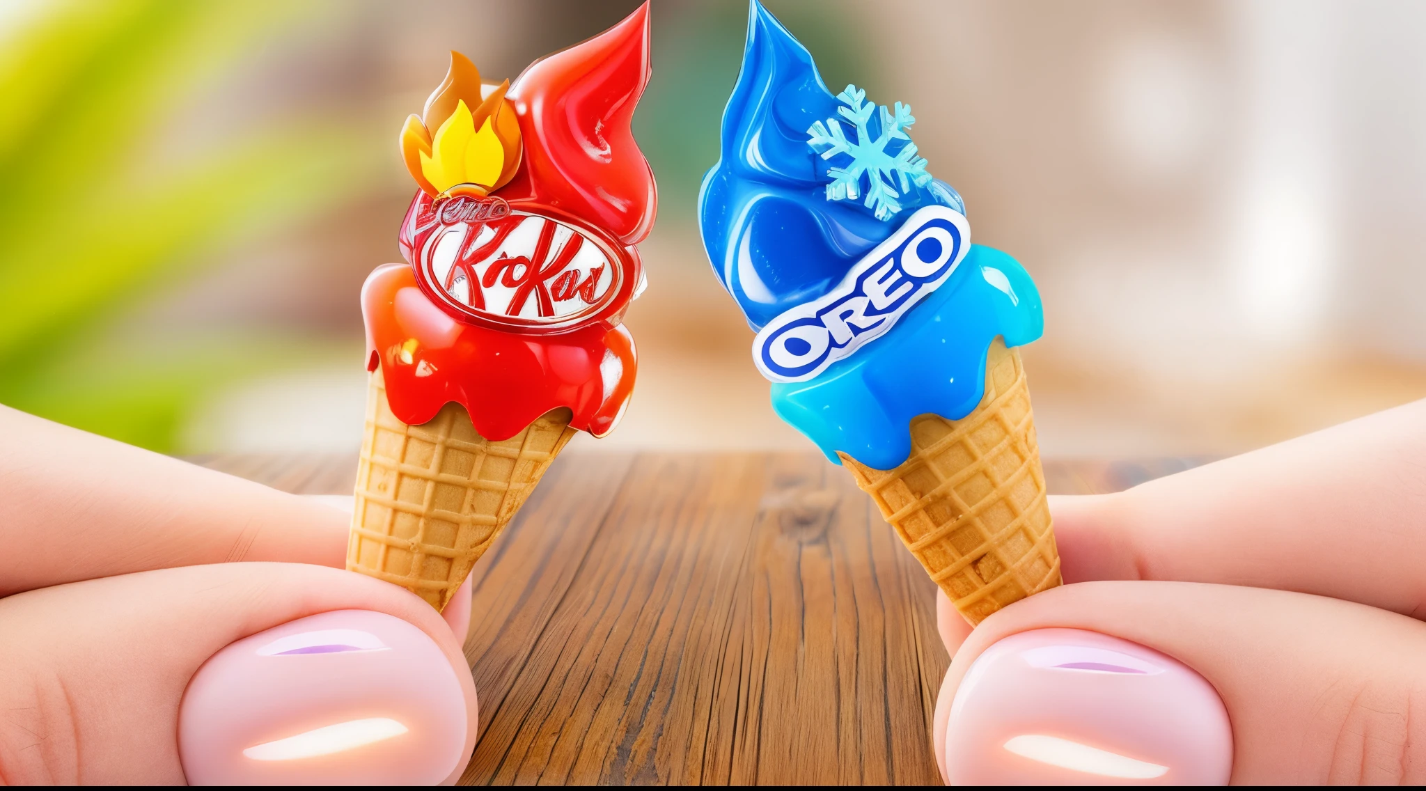 fingers holding red and blue ice cream, realistic текстуры еды, realistic, detailed textures, Macro Photography