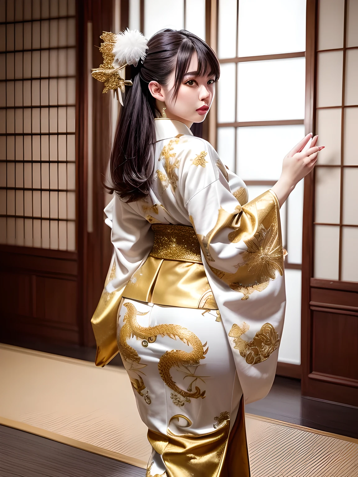 Ass, gyaru, (shiny oiled skin:1.2), Wearing traditional patterned Japanese kimono, gyaru exposes her ass, thick fog, sony a7, film grain, dark night, Photorealistic, one-point perspective, 32K, diffuse reflection, colorful shiny particles, Lens Flare, soft lighting