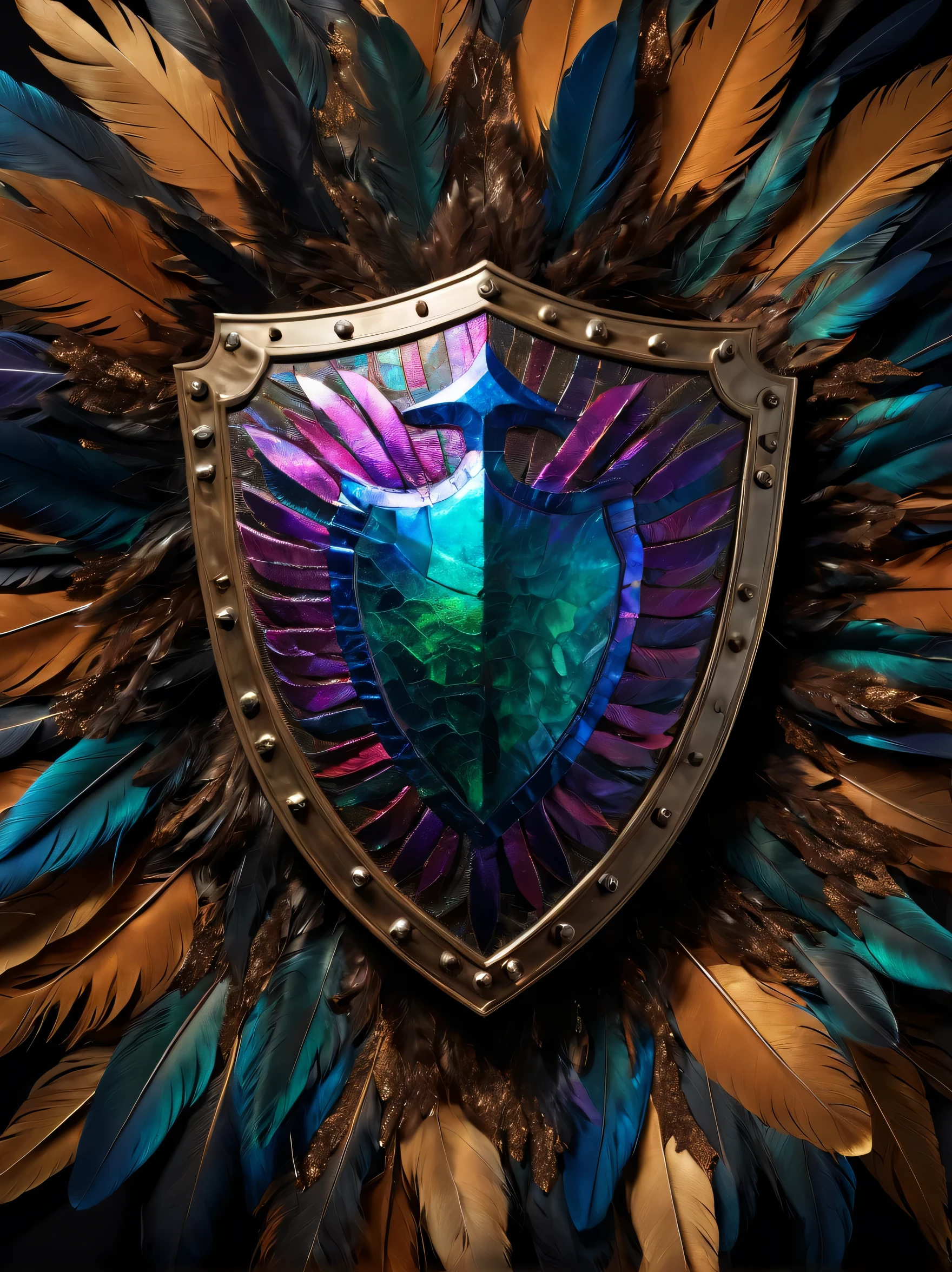 (masterpiece), realistic, UHD ,8k,Photography of an outrageously imaginative shield that defies all expectations. This extraordinary shield is a true work of art, featuring a combination of unconventional materials, such as iridescent feathers, holographic elements, and shimmering crystals. Its intricate design incorporates wild patterns and vibrant colors, creating a visually stunning and mesmerizing display. This close-up shot captures the shield's intricate textures and extravagant details, showcasing the boundless creativity and craftsmanship. The photograph, with its dramatic lighting and vibrant color palette, transports viewers to a realm where imagination reigns supreme. Photographed by Nick Knight, a legendary fashion photographer known for his bold and innovative imagery
