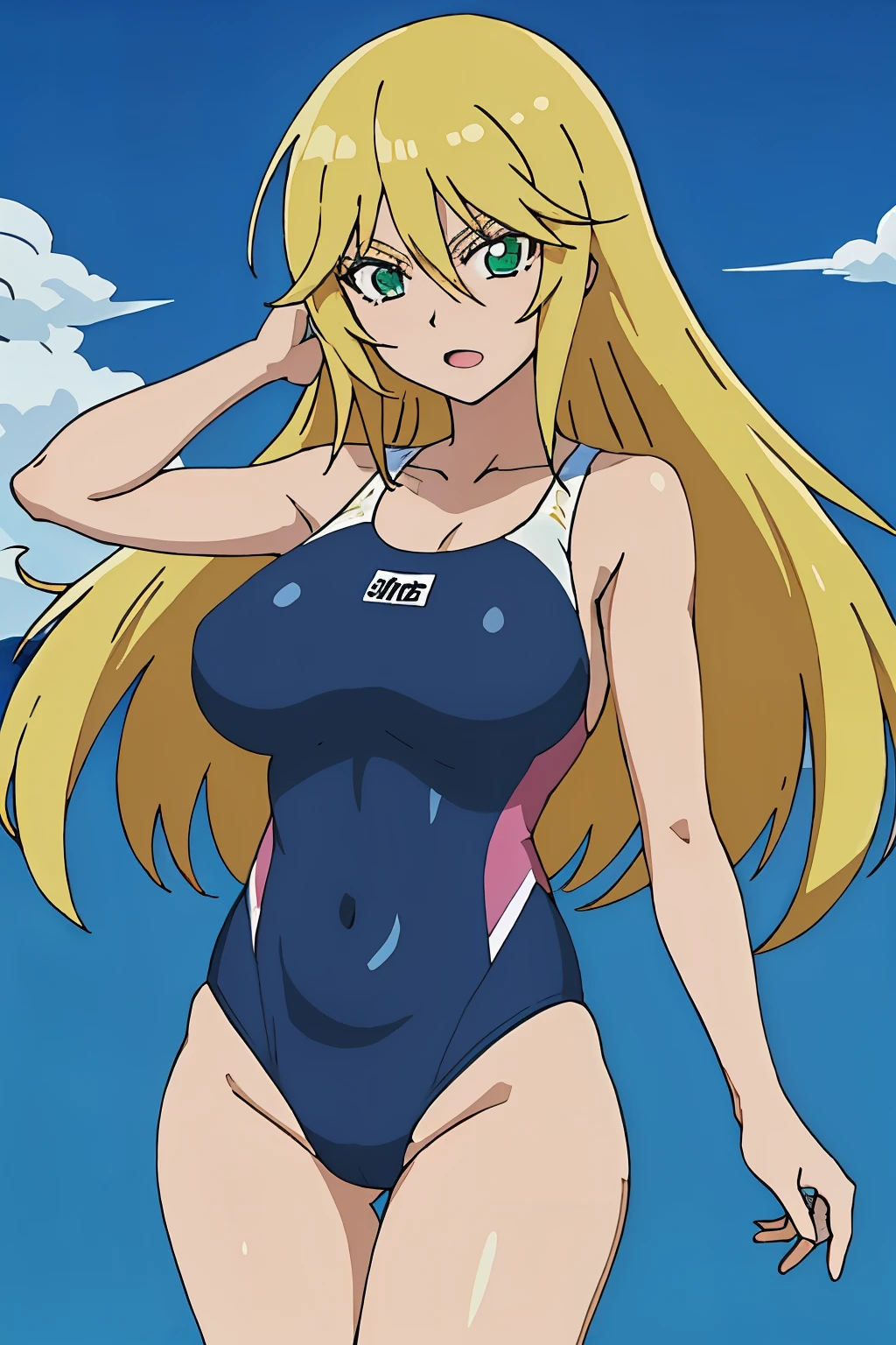 anime girl、beautiful girl、high school girl、clothing:High-cut swimwear、one piece swimsuit、girl wearing a swimsuit、one piece swimsuit着用、solo、very long blonde girl、Swimsuit、Green-eyed girl、big breasts、girl with very big breasts、rating:safe、jewelry、blue sky、outdoor pool、looking_at_viewer、girl with half up hair、cowboy shot、Girl wearing a white and yellow tank suit、白とイエローのHigh legレーシングスイムウェア、covered_navel、daytime、covered_nipples、Swimsuit for swimming competitions、thigh gap、High legレーシングスイムウェア、ツートンカラーのHigh legレーシングスイムスーツ、High leg、bangs、a girl is standing、collarbone、Bare shoulders、bare legs、bare arms、The best girls in anime、Gweiz style artwork、detailed digital anime art、perfectly shaded body、Realistic anime 3D style、美しい魅力的なanime girl、realistic anime art style、realistic shaded perfect body、