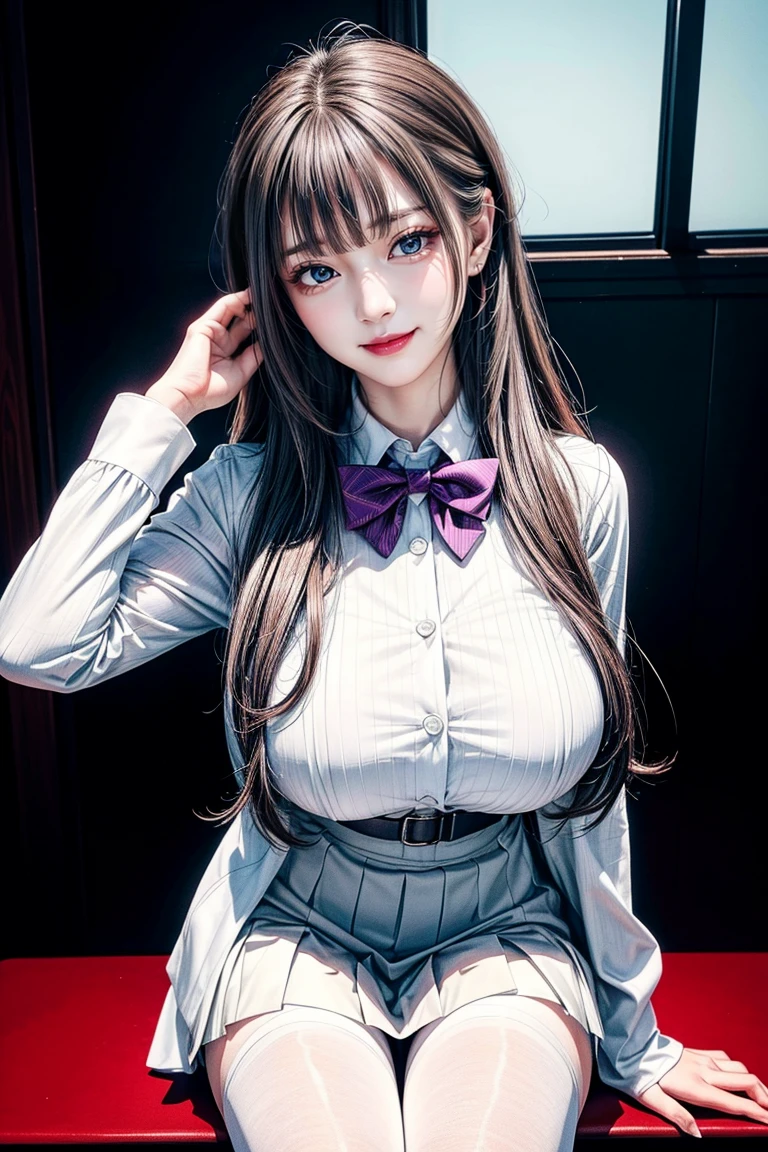 simply white background, Brown_suit_jacket,long_sleeve, bow tie, pleated skirt, pantyhose, Black_hair,long_hair,purple_Eye,Bangs, 1 girl, 20 years,young women,beautiful Finger,beautiful long legs,beautiful body,beautiful Nose,beautiful character design, perfect Eye, perfect Face,expressive Eye,Perfect balance, looking at the audience,(Focus on her Face),Keep your mouth shut, (Innocent_big deal_Eye:1.0),(Light_Smile:0.3), official art,Extremely detailed CG unified 8k wallpaper, perfect lighting,rich and colorful, bright_front_Face_Lighting,White skin, (masterpiece:1.0),(the best_quality:1.0), 超high resolution,4K,Super detailed, photography, 8k, human development report, high resolution, ridiculous:1.2, Kodak Portrait 400, film grain, blurred background, Bokeh:1.2, 镜头Light晕, (energetic_color:1.2),Professional photos, (beautiful,big deal_breast:1.4), (beautiful_Face:1.5),(narrow_waist),