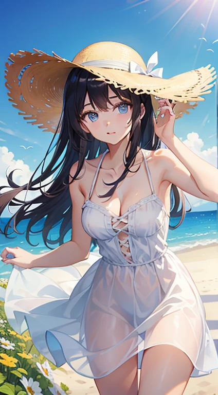 Beautiful girl in a white dress、、cleavage、bare shoulders、straw hat、summer、field road、Run