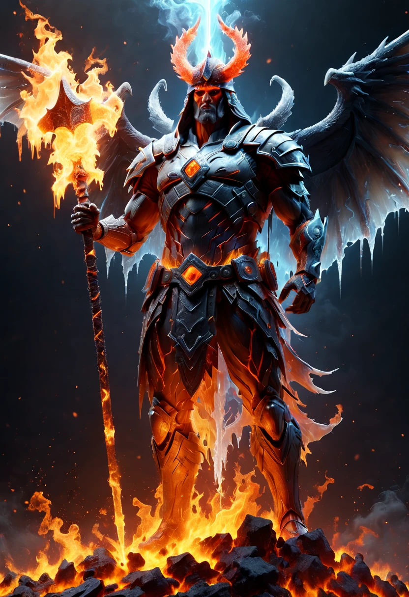 Black Light Art, the god holding a detailed (huge shield), Vulcan, composed of elements of fire, reborn, low angle view, octane render, enhance, intricate, (best quality, masterpiece, Representative work, official art, Professional, unity 8k wallpaper:1.3), faize