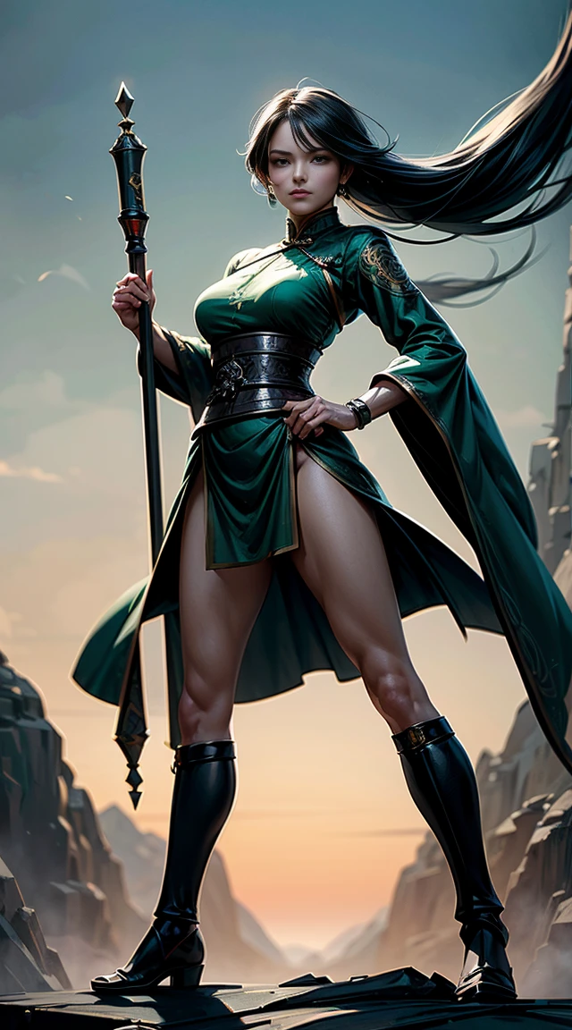 ((full body illustration)), high definition|quality|contrast. Fantasy art. an woman warrior holding a staff, ((attack pose)), looking at the viewer, Eastern traditional combat costume in shades of green, tattoo on her leg, (swirl of leaves around her:1.5), wind. her body emanates an energy of peace and strength that emits white and green colors of peace and strength.This energy that radiates around her protects her against an evil spirit. soft ambient light, fractal fantasy dream background.