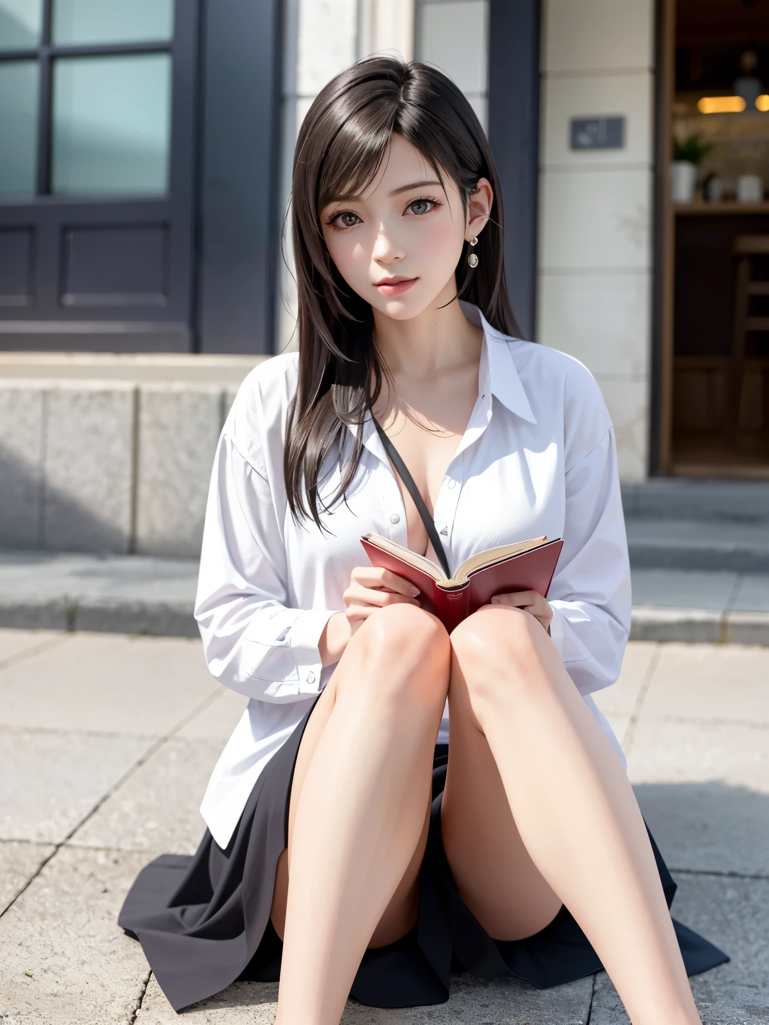 (top quality, masutepiece: 1.1), (Realistic: 1.3), BREAK (((FF7,Tifa_lockhart))),(solo,Tifa:1.2),(boyfriend's clothes:1.3,oversized long white shirt:1.3,long sleeve:1.2,shirt dress:1.3) ,(japan,sibuya,cafe, indoor),(cool pose:1.1),Ultra-detailed face, Detailed eyes,Red eyes, BREAK (((FF7,Tifa_lockhart))),(black brown hair, Large breasts: 1.0), BREAK (no bra),(no panties),About 18 years old,kawaii,shy:1.1,meeting up for a date,waiting,sitting,reading a book,looking away:1.2
