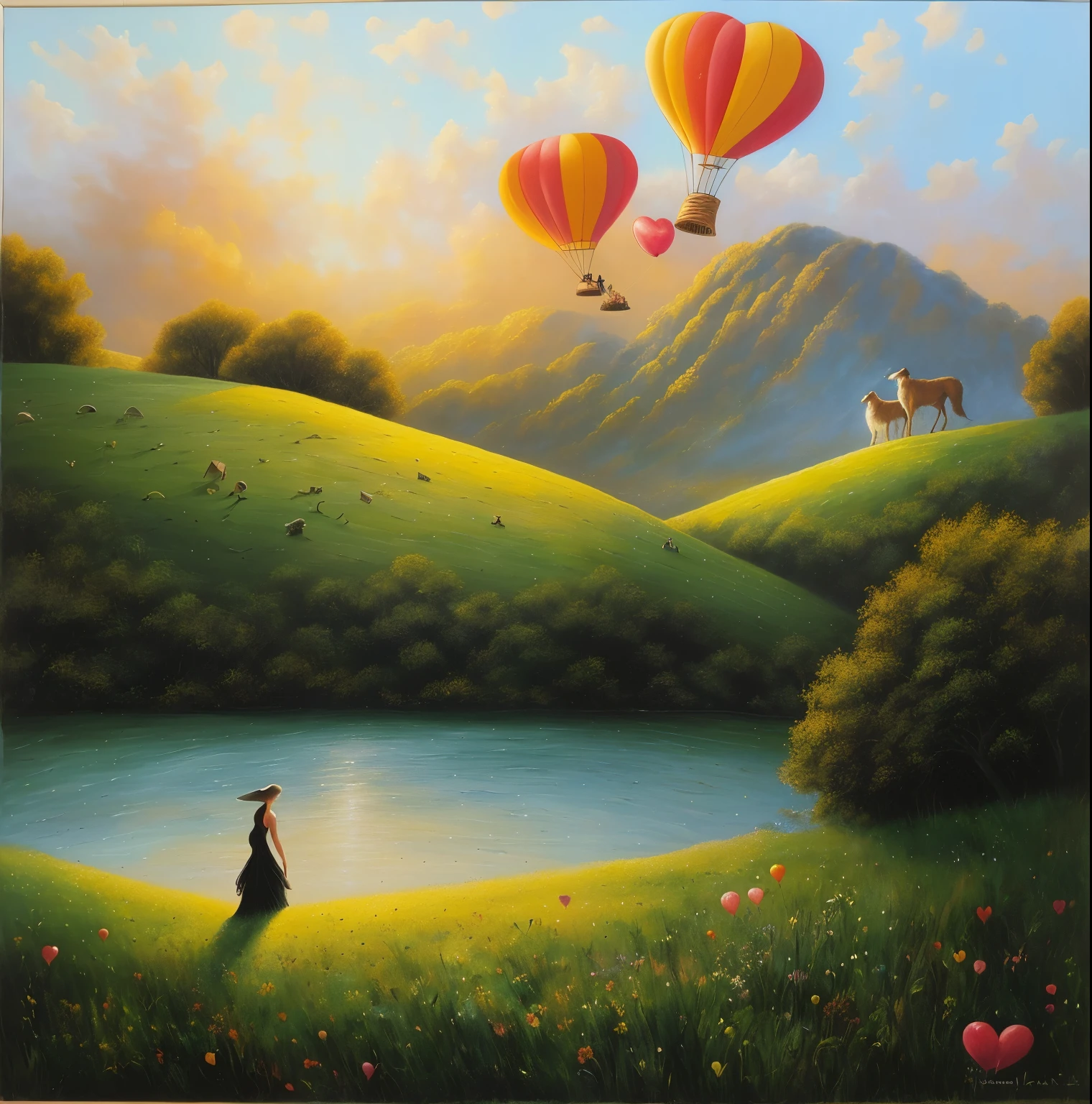 painting of a woman in a black dress standing in a field with a dog and balloons, rob mcnaughton, whimsical art, falling hearts, blissful landscape, breathtaking art, jim warren, whimsical fantasy landscape art, masterpiece work of art, whimsical surrealism, romantic painting, romantic landscape, by David Burton-Richardson, by Ken Danby