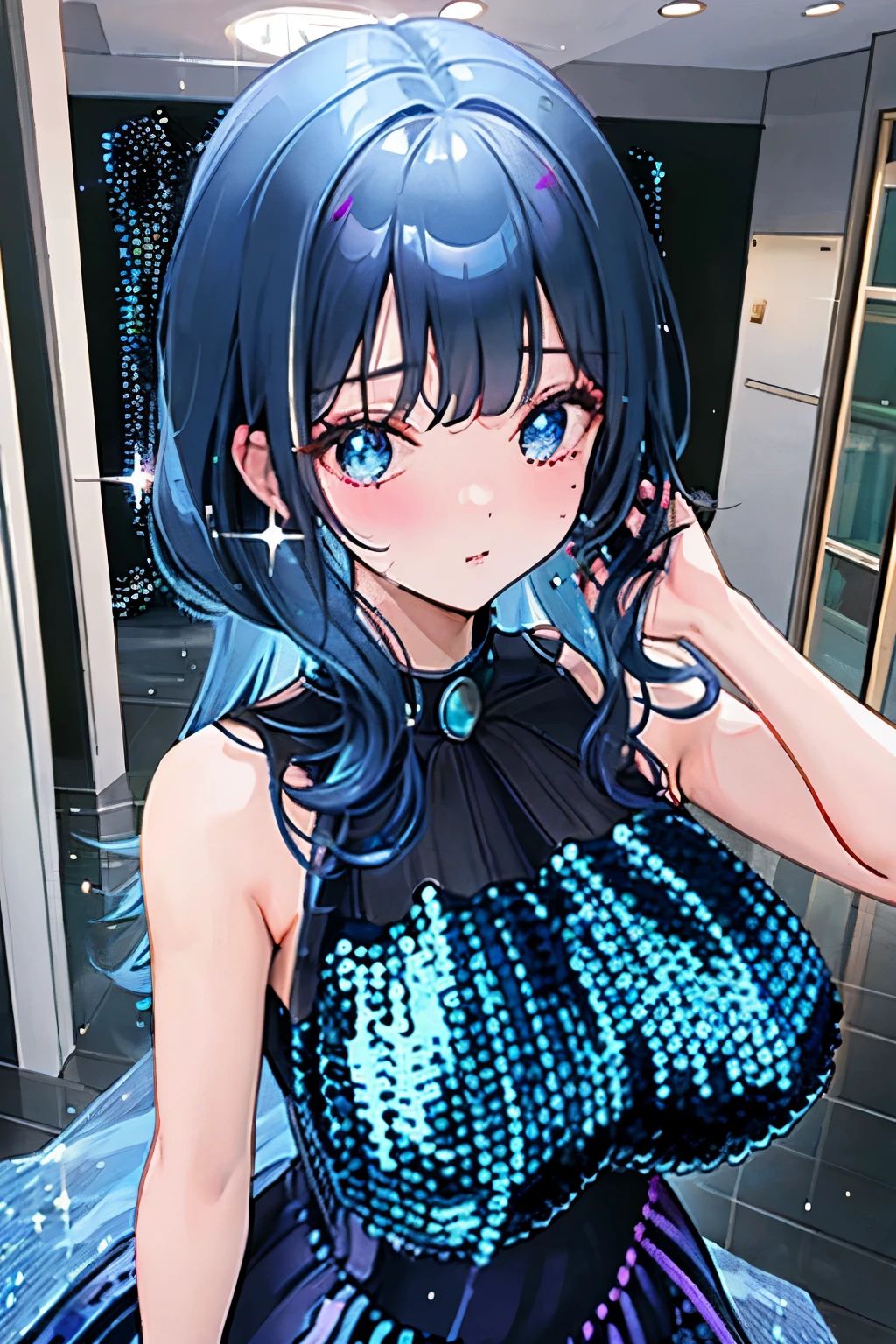 ((best image quality，highest quality，T Masterpiece))、1 girl、(very big breasts:1.45)、beautiful crotch、Korean idol types、Beautiful woman、(In the hall:1.2)、((Are standing***:1.5))、genuine、detailed body、black hair、blue inner hair、((oversized sequin dress:1.55))、(Upper body:1.3)、gorgeous drill hair、very sweaty、blush、thin waist、choker、earrings、Are standing、see-through clothes