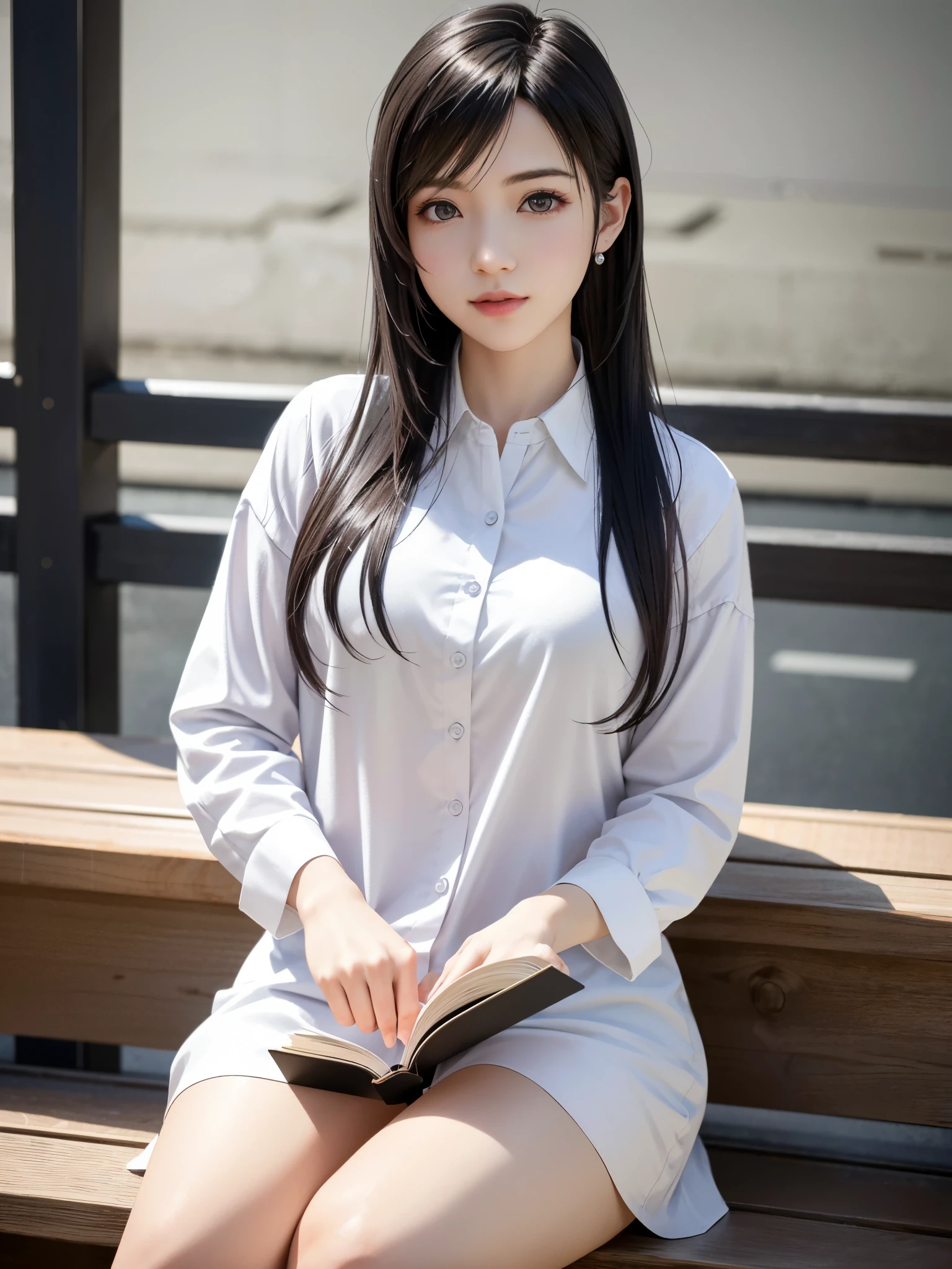 (top quality, masutepiece: 1.1), (Realistic: 1.3), BREAK (((FF7,Tifa_lockhart))),(solo,Tifa:1.2),(boyfriend's clothes:1.3,oversized long white shirt:1.3,long sleeve:1.2,shirt dress:1.3) ,(japan,sibuya,cafe, indoor),(cool pose:1.1),Ultra-detailed face, Detailed eyes,Red eyes, BREAK (((FF7,Tifa_lockhart))),(black brown hair, Large breasts: 1.0), BREAK (no bra),(no panties),About 18 years old,kawaii,shy:1.1,meeting up for a date,waiting,sitting,reading a book,looking away:1.2,stare at a book:1.1