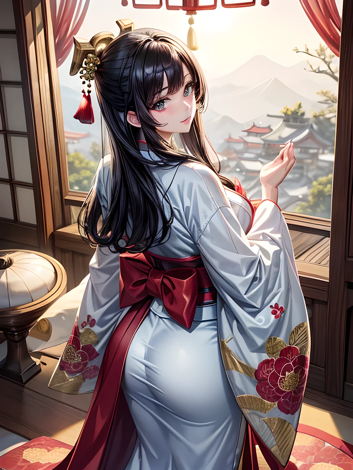 (Beautiful model in Japanese kimono commercial, beautiful straight long black hair), alone, ((face is 80% beauty and elegance, 20% pretty and cute:1.5)), clear eyes, (fine eyes, light green eyes, bright pupils), double eyelid, (Slightly thick and sexy lips:1.2), ((Super detailed and incredibly high resolution Deep-white Kimono:1.2)), Highly detailed facial texture, impressive body shape, curvaceous and very attractive woman, High resolution RAW color photography professional photography, break ultra high-resolution textures, High resolution body rendering, Big eyes, an unparalleled masterpiece, incredible high resolution, Super detailed, stunning ceramic skin, break ((Turn around to show the pattern of the kimono:1.5)), ((She wears a white kimono with plenty of glittering gold embroidery of a rising dragon.。:1.5)), ((The embroidery of the rising dragon on the white kimono is very dazzling.:1.2)), (A carefully crafted sensual Japanese kimono), ((The embroidery pattern is a dragon rising to the sky.):1.2), ((White kimono with elaborate and elegant decorations)), (Photographed in front of the round sliding sliding window in a Japanese-style room)), break ((highest quality, 8K)), sharp focus:1.2, (layer cut, big:1.2), (beautiful woman with perfect figure:1.4), (Beautiful and elegant rear view:1.3), thin waist, (correct hand shape:1.5), (full body shot | cowboy shot)