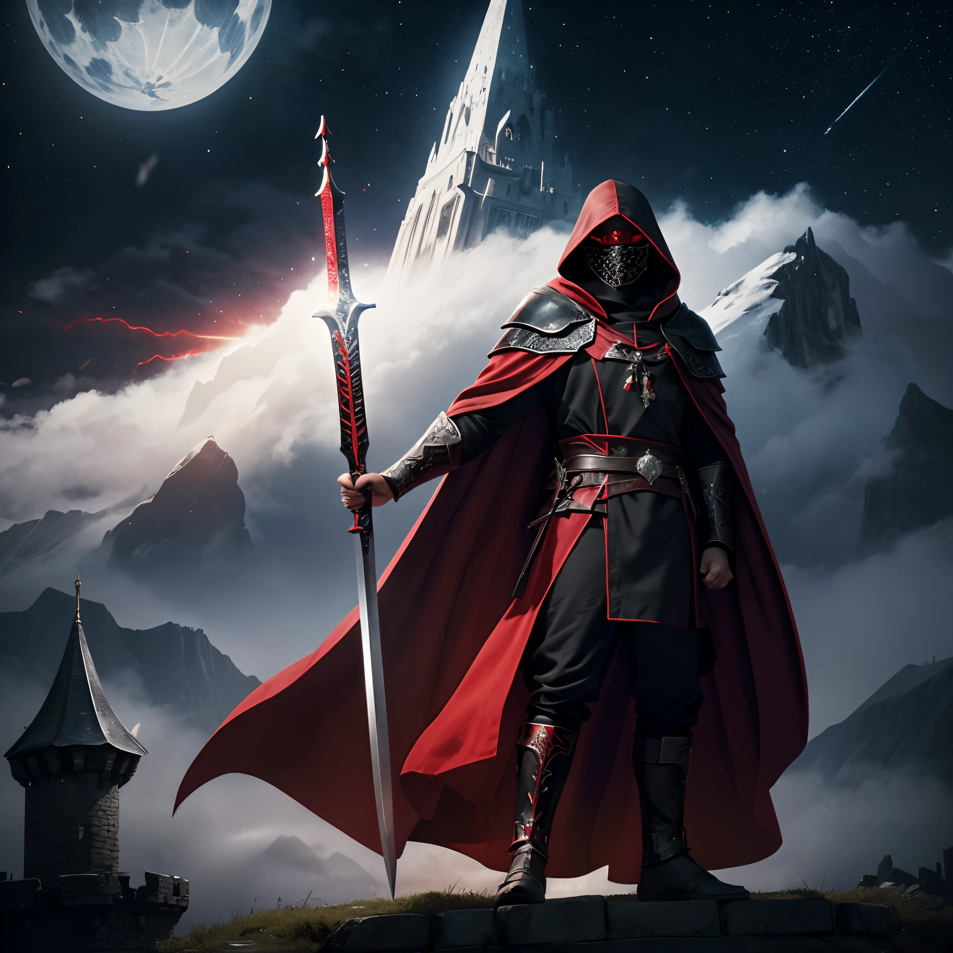 full body low angle shot of an intimidating male holy unarmored warrior with cloak with hood wearing a red and black clothes and wielding a two-handed greatsword standing on top of a castle tower on a starry night, man, ritualistic mask, long white cloak, shining white eyes, low angle, highly detaile