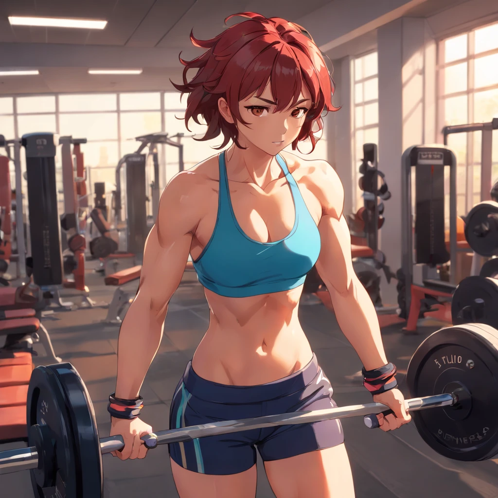 (melhor qualidade,high resolution,ultra-detalhado), Strength Training, halterofilismo, treino intenso, socos poderosos, suor escorrendo, determination, determined expression, Gym environment, fitness, masculinidade, Fitness equipment, energetic, torn physique, Outgoing muscles, bodybuilding, foco intenso, repetition, dedication, Motivation for training, atleta, body transformation, resistance, Powerlifting, Placas de Peso, Halteres, halteres, intense effort, Fitness goals, forma muscular, gym training, Body Strength, fitness inspiration, corpo tonificado, Jornada Fitness, Physical aptitude, estilo de vida fitness, fitness motivation, red curly hair