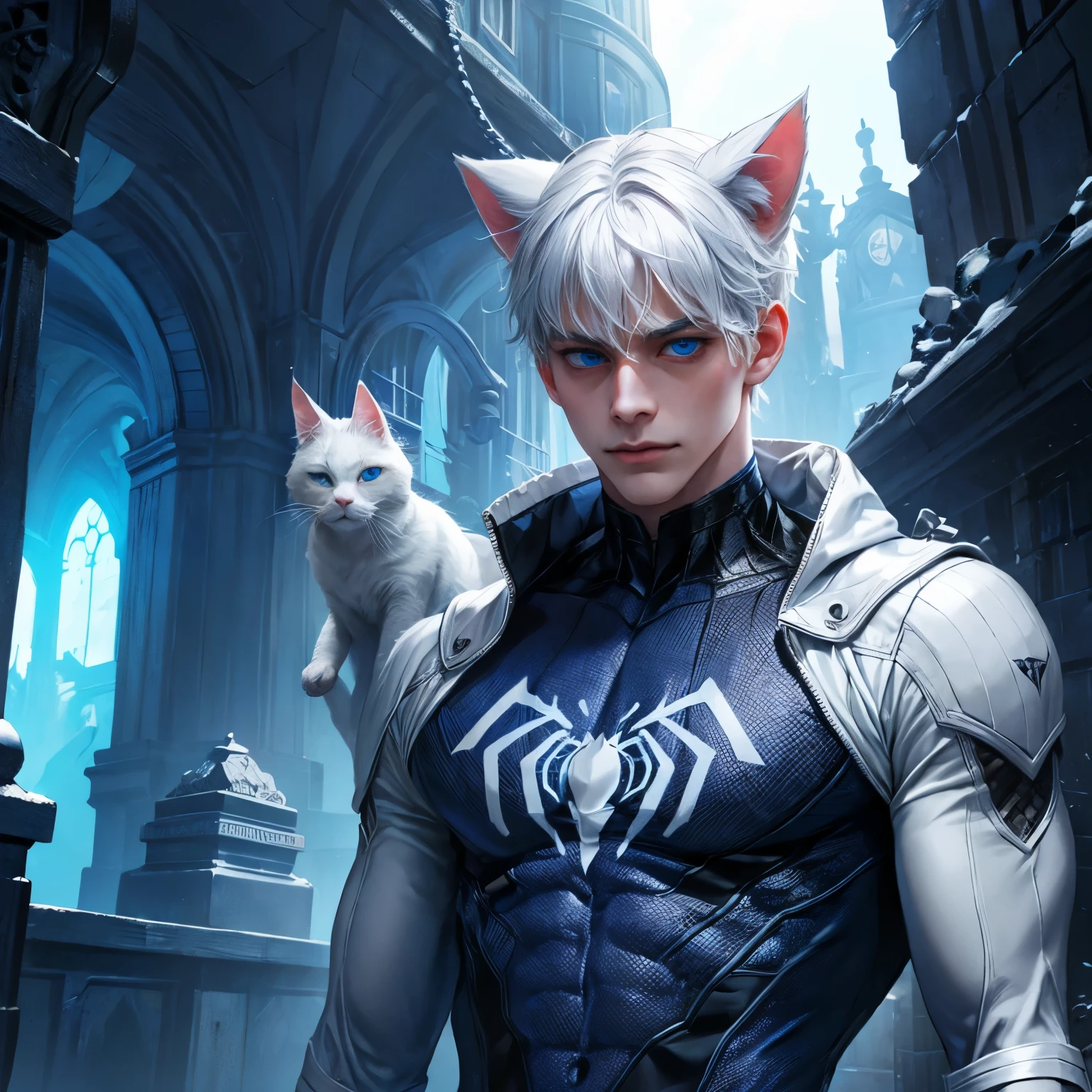 Man, white hair, blue eyes, cat ears, spiderman outfit ,Boy, male