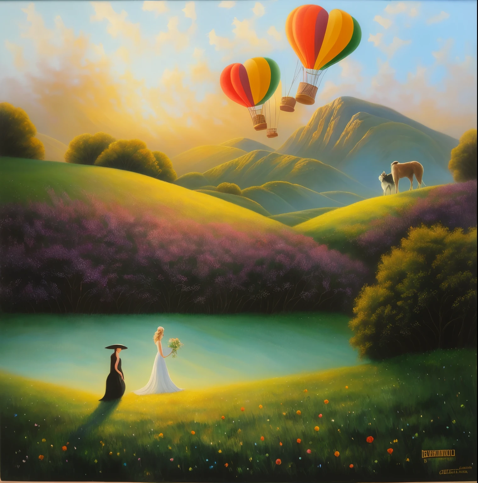 painting of a woman in a black dress standing in a field with a dog and balloons, rob mcnaughton, whimsical art, falling hearts, blissful landscape, breathtaking art, jim warren, whimsical fantasy landscape art, masterpiece work of art, whimsical surrealism, romantic painting, romantic landscape, by David Burton-Richardson, by Ken Danby