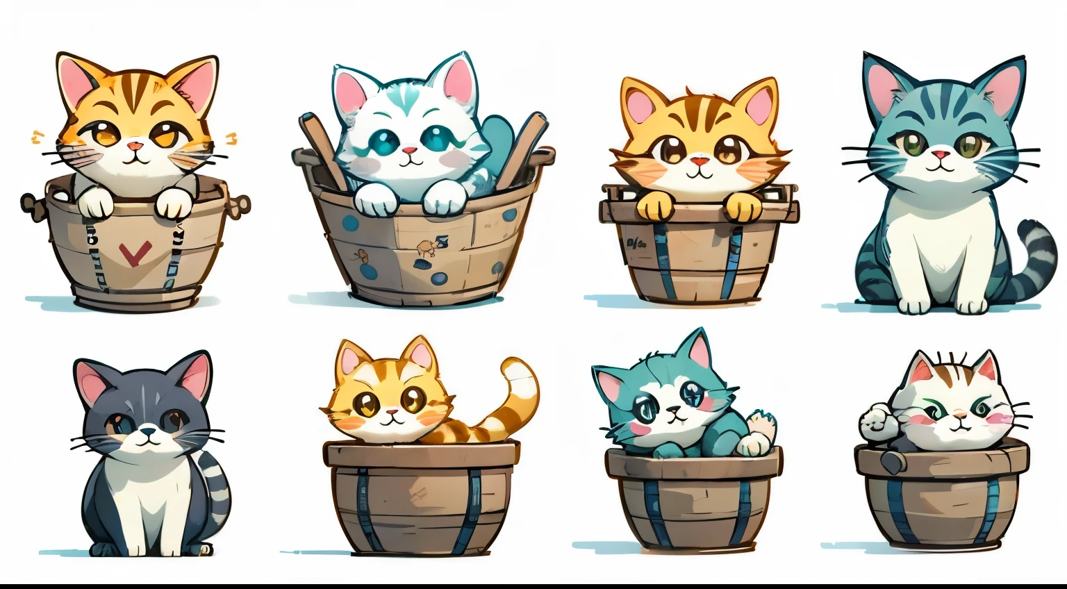 Create a series of adorable cat illustrations on a clean white background. The cats should be in various playful poses, such as chasing a ball of yarn, napping in a cozy basket, or stretching their paws. Each illustration should be detailed and expressive, capturing the cuteness of these feline friends. Use your AI image generation capabilities to produce a set of at least 10 charming cat illustrations