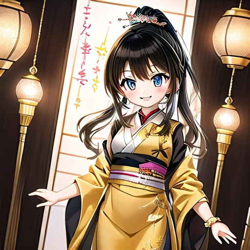 A Q-version animated girl stands in a cheerful room full of New Year atmosphere, smiling and wishing the audience a Happy New Year.