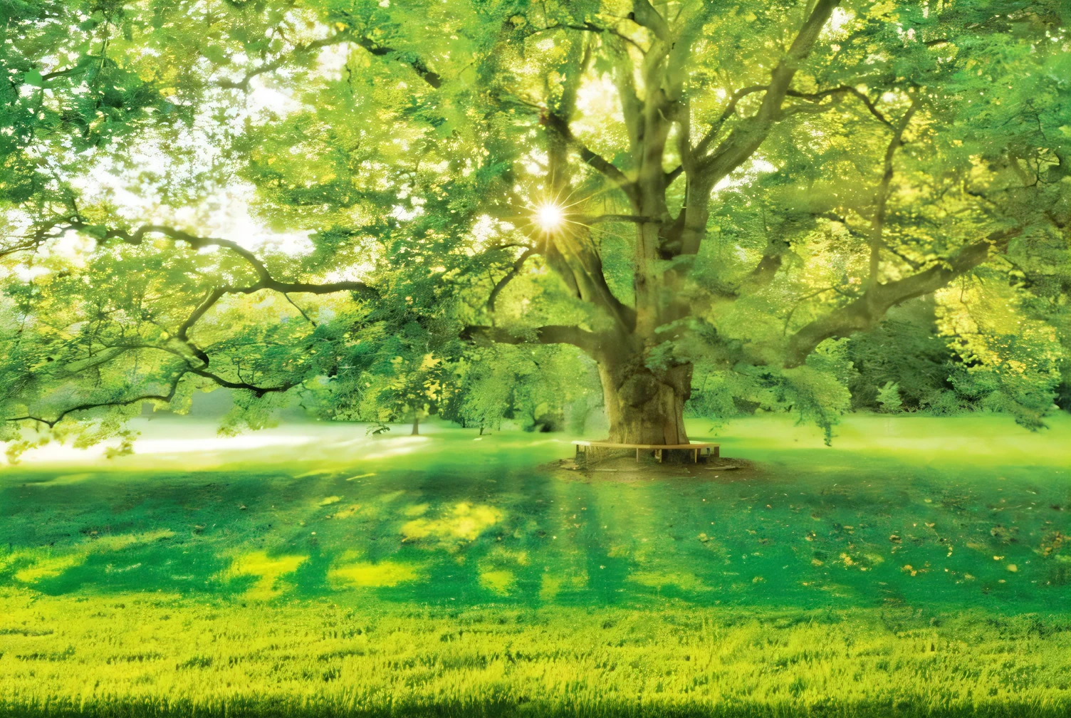 a large tree in a park with the sun shining through it, large magical trees, big green tree, large tree, oak tree, one giant oak, nature trees, royal green and nature light, the oak tree, big tree, rich tree, huge central tree, a beautiful tree, enormous trees, sunny environment, tree of life seed of doubt, giant tree