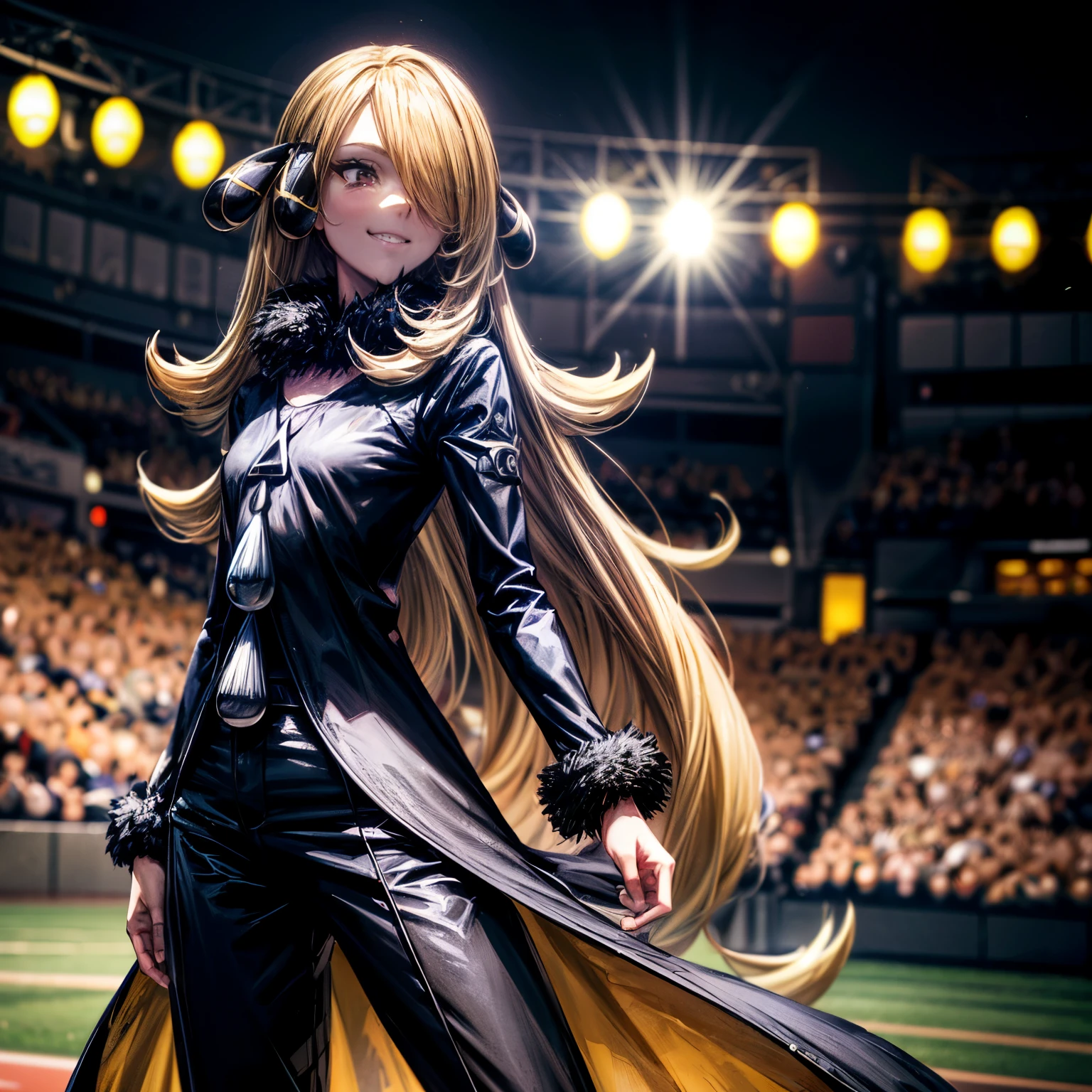 (mastepiece), ((Best quality)), 8K, bokeh, vibrant color, 1girl, cynthia \(pokemon\), stadium, crowd, very beautiful girl, smile, closed mouth, small breasts, flat chest, (hair ornaments), long hair, blonde hair, black fur-trimmed coat, black clothes, black tshirt, pants, (action pose), pokemon, ((hair over one eye:1.4))