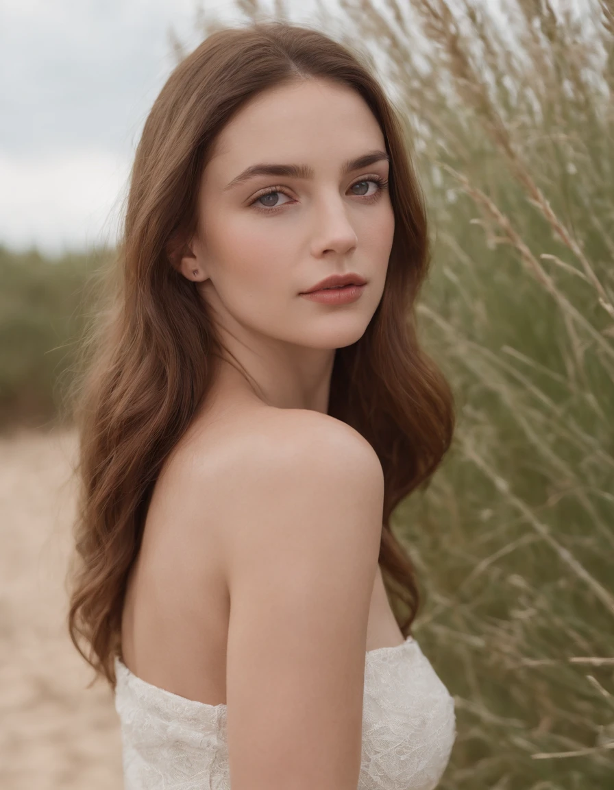 Beauté côtière, 1 fille dans un jolie haut marinière, (cheveux longs roux), gros seins doux (yeux pétillants, peau blanche, expression insouciante), fond de plage sauvage , phare sur falaise , douce brise marine, pose ludique, compositions dynamiques, éclairage de l&#39;heure d&#39;or, arrière-plan flou, Des couleurs riches, détails fins, hyper réaliste, objectif 50 mm, Ambiance relax. une photo de portrait de, film 35 mm, flou naturel