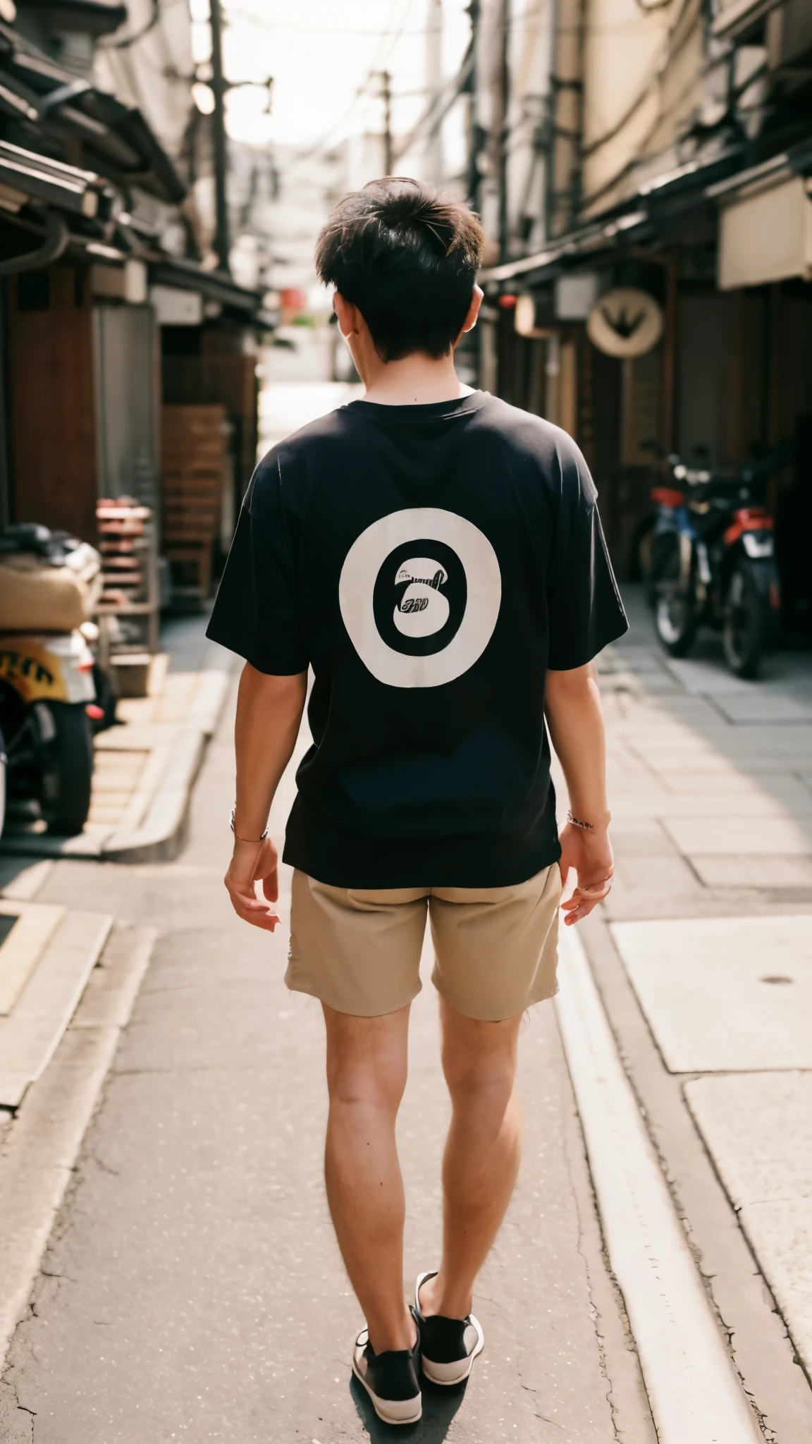 ((super sharp focus)), (((hairy legs))), hairy legs, toned legs, whole body, two block, Messy short hair, long legs, Japan male, 27 years old, wearing beige shorts, wearing a t-shirt, very short hair, black hair, (from behind), ((feet focus))
